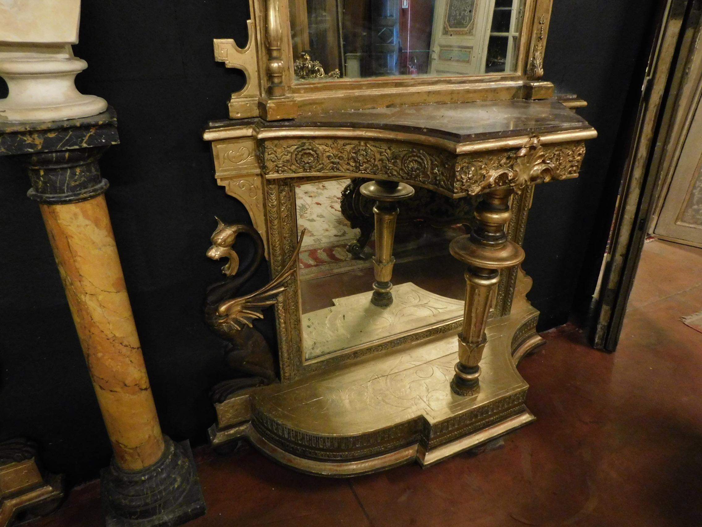 Lacquered Antique Pair of Console Tables with Gothic Neogothic Mirror, Gold Wood Dragons
