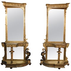 Antique Pair of Console Tables with Gothic Neogothic Mirror, Gold Wood Dragons