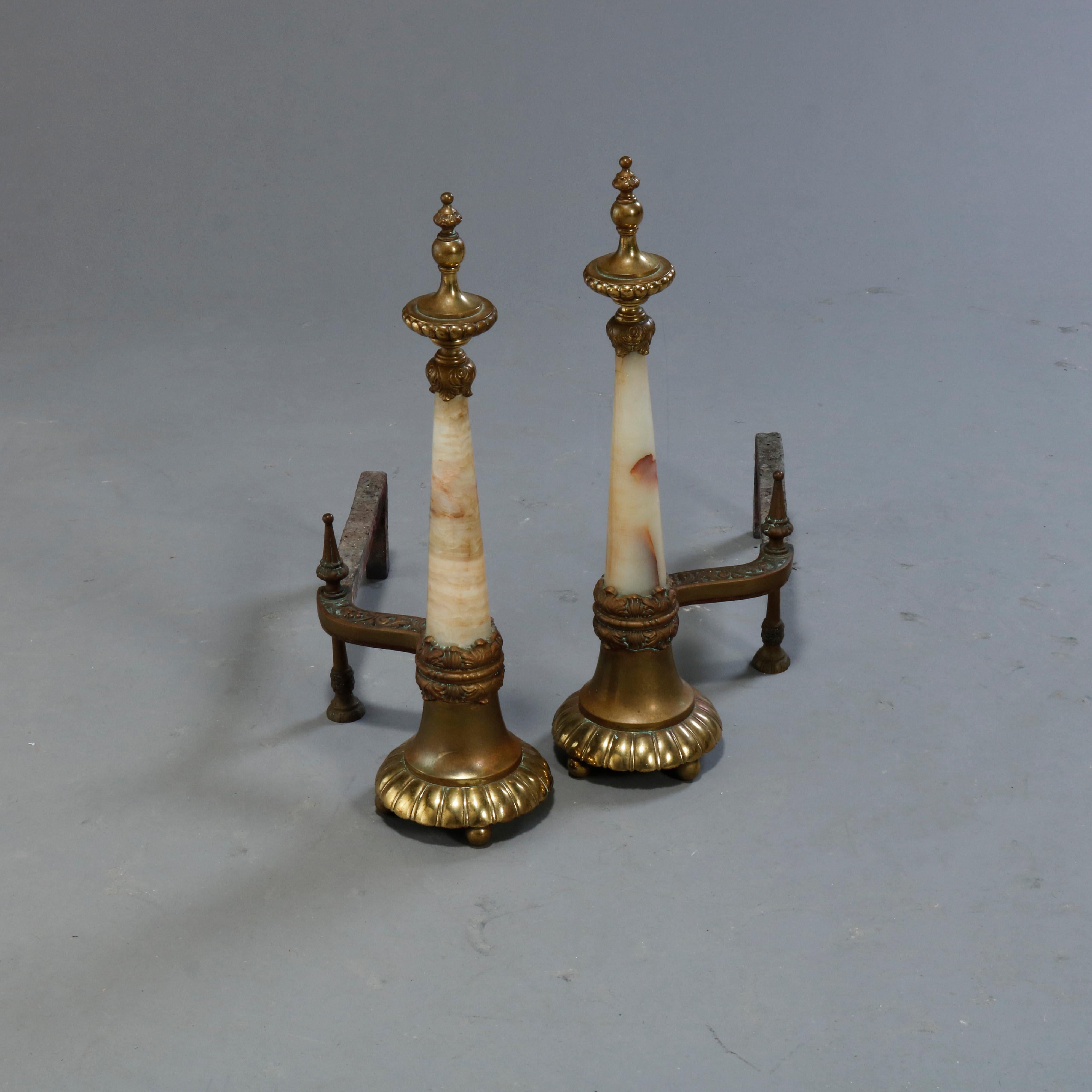 Antique Pair of Continental Brass & Onyx Fireplace Andirons, Circa 1900 3