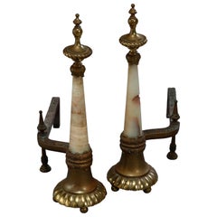 Antique Pair of Continental Brass & Onyx Fireplace Andirons, Circa 1900