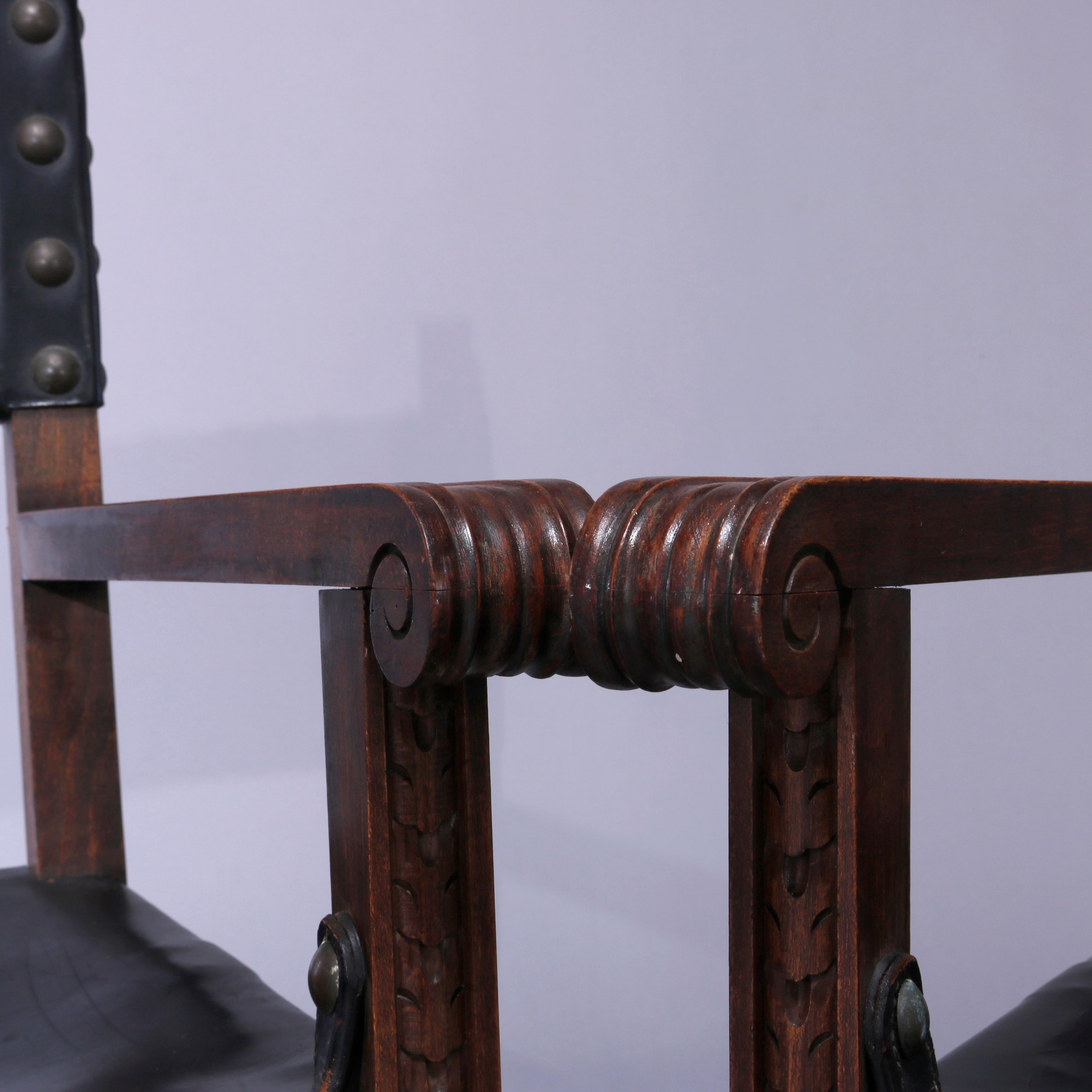 Antique Pair of Continental Jacobean Carved  Walnut & Leather Chairs, Circa 1900 5