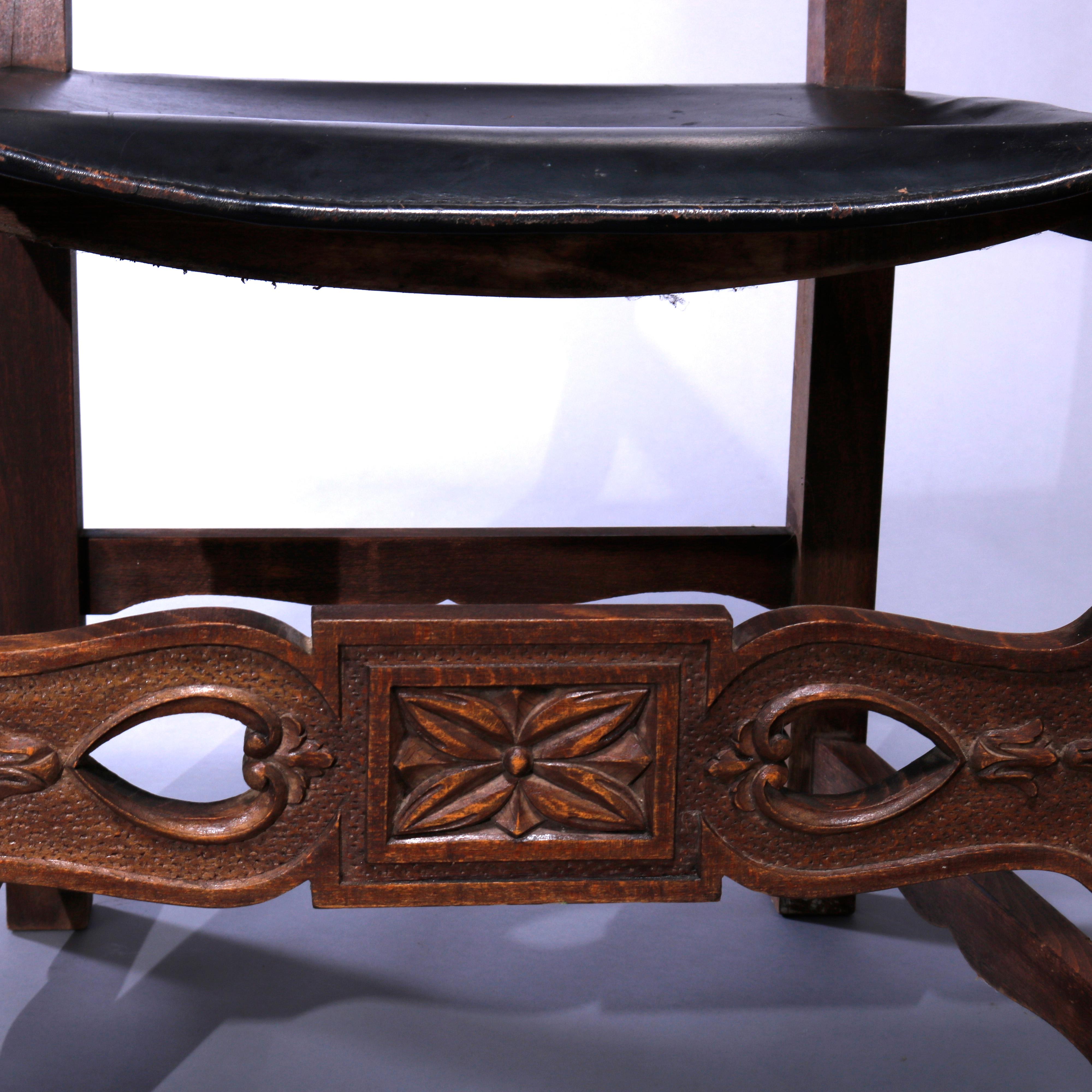 Antique Pair of Continental Jacobean Carved  Walnut & Leather Chairs, Circa 1900 9