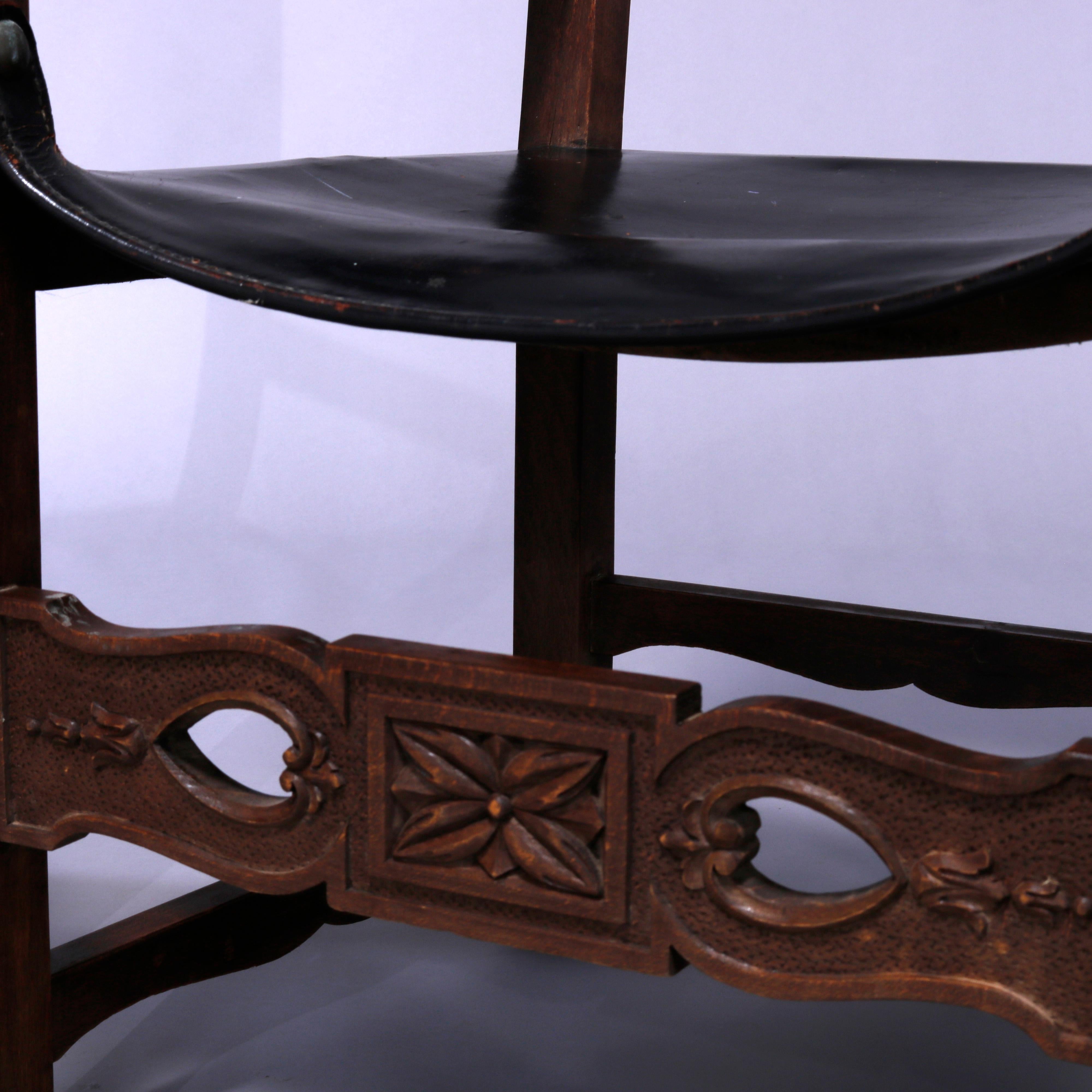 Antique Pair of Continental Jacobean Carved  Walnut & Leather Chairs, Circa 1900 10