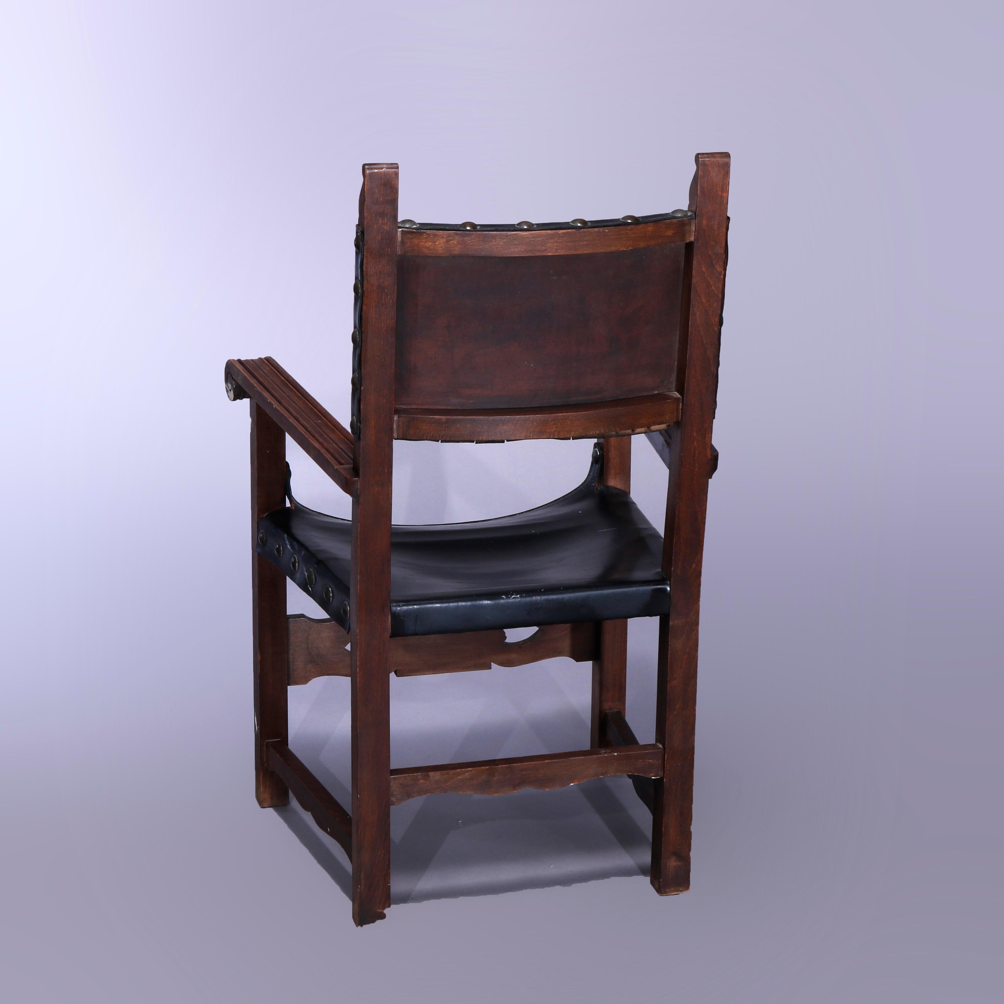 20th Century Antique Pair of Continental Jacobean Carved  Walnut & Leather Chairs, Circa 1900