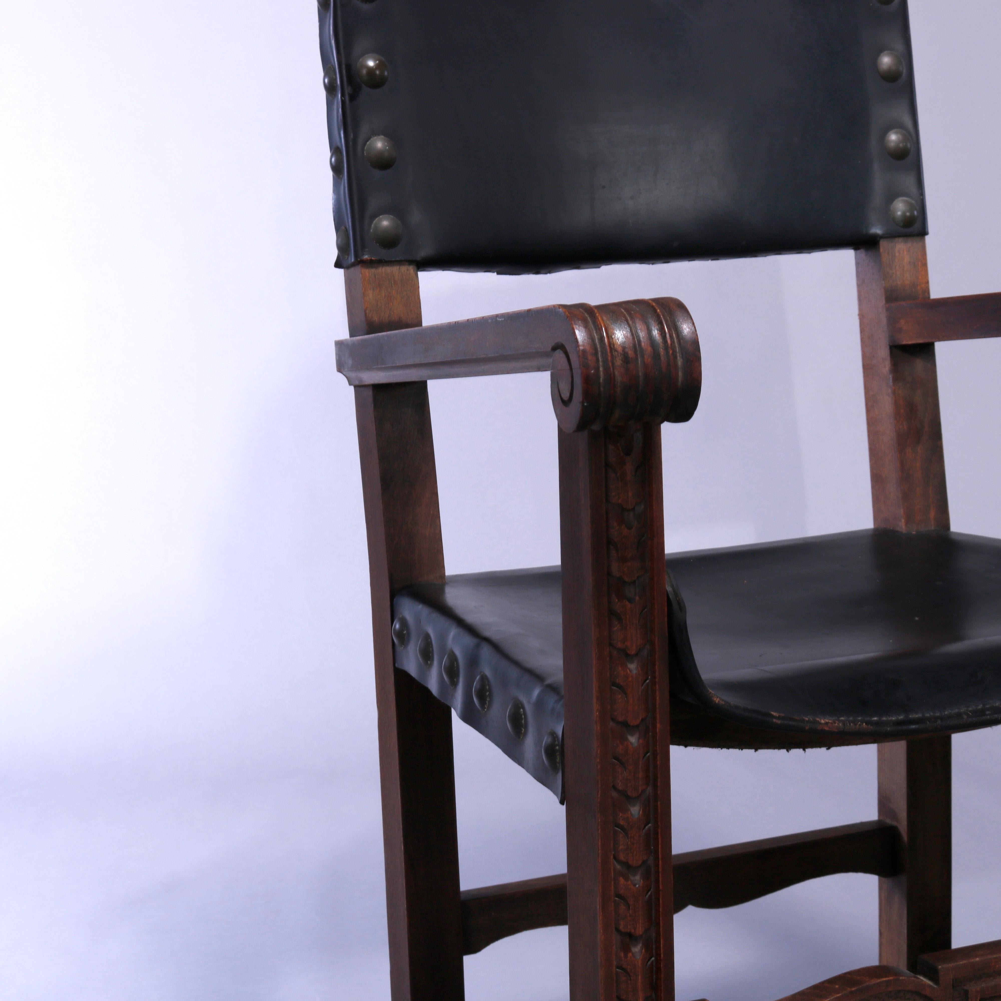 Antique Pair of Continental Jacobean Carved  Walnut & Leather Chairs, Circa 1900 2