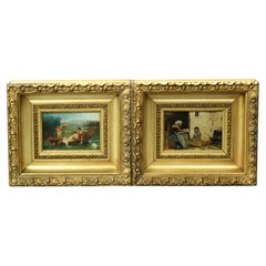 Antique Pair of Continental Oil on Board Intergenerational Genre Scenes, C1890