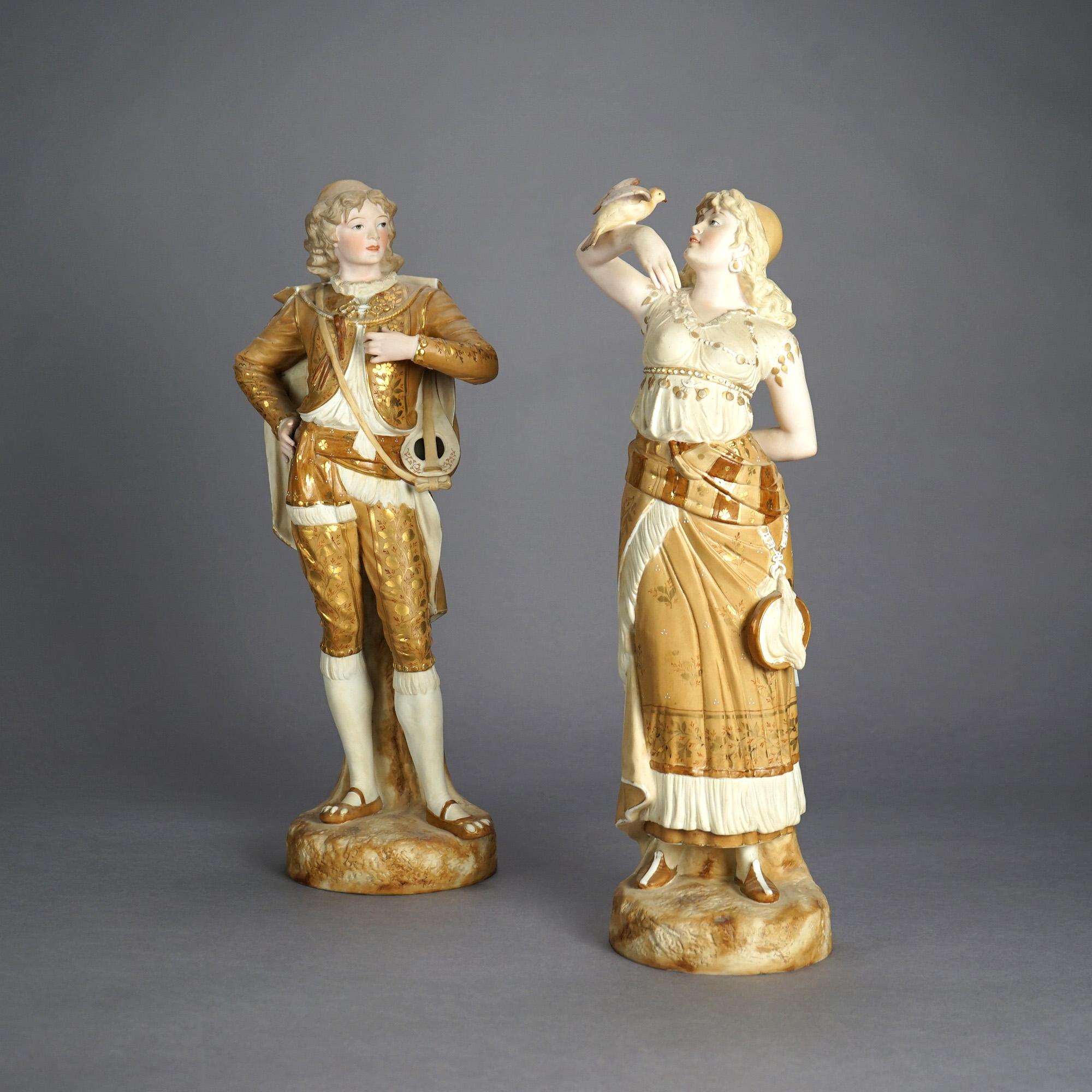European Antique Pair of Continental Porcelain Bisque Statues, Courting Couple, c1900