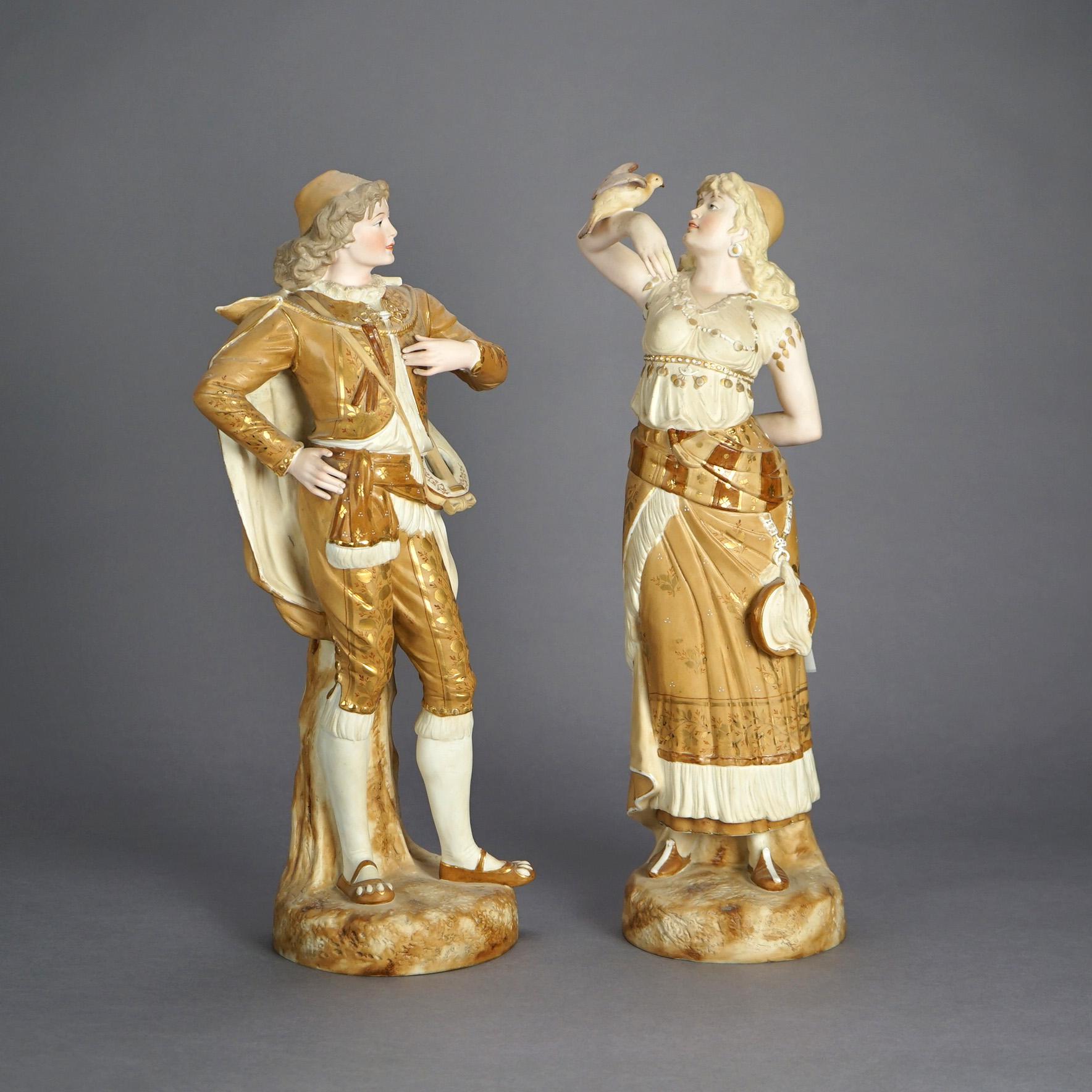 Molded Antique Pair of Continental Porcelain Bisque Statues, Courting Couple, c1900