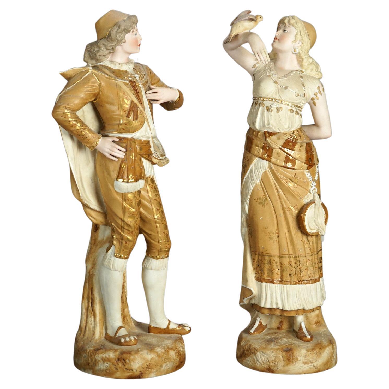 Antique Pair of Continental Porcelain Bisque Statues, Courting Couple, c1900