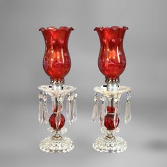 Antique Pair of Cranberry & Clear Glass Buffet Lamps with Prisms Circa 1940