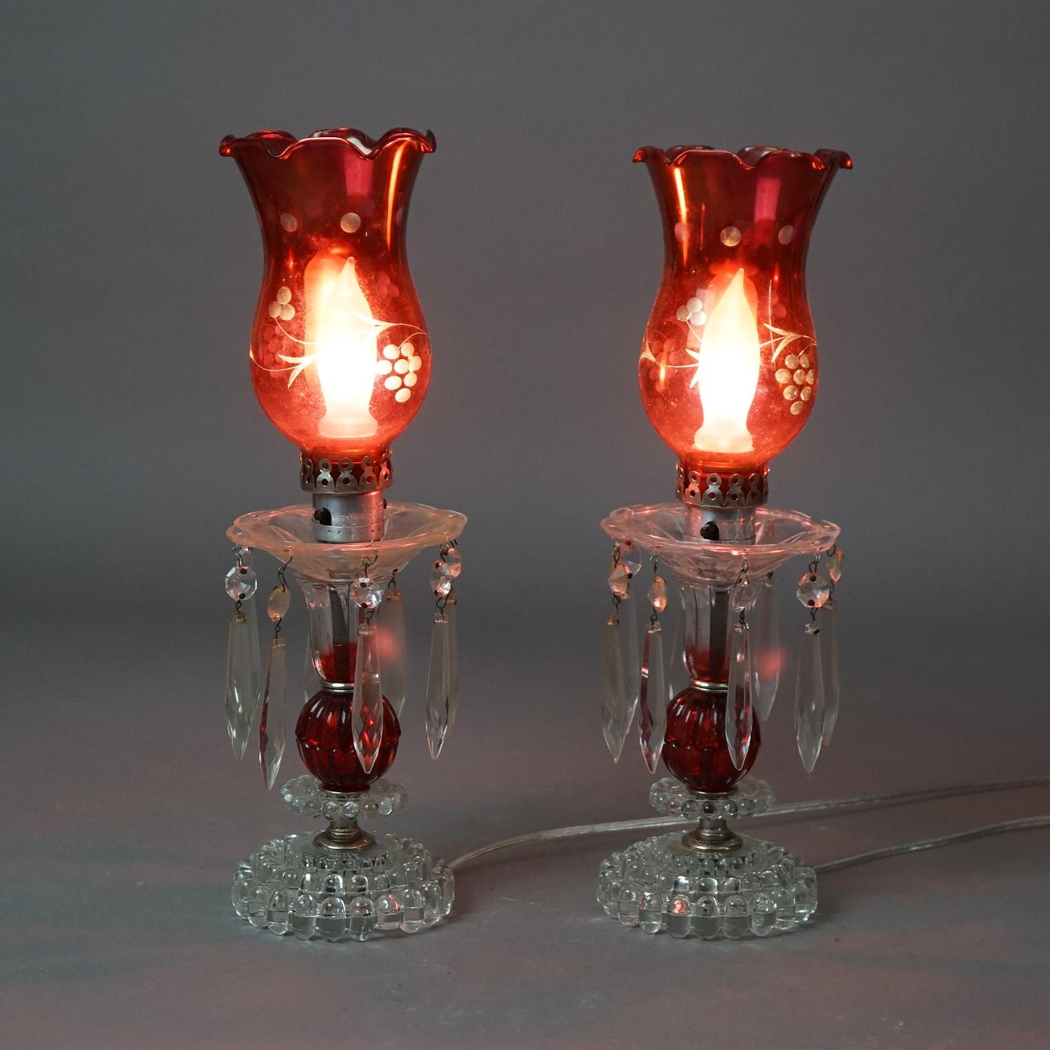 American Antique Pair of Cranberry & Clear Glass Buffet Lamps with Prisms Circa 1940