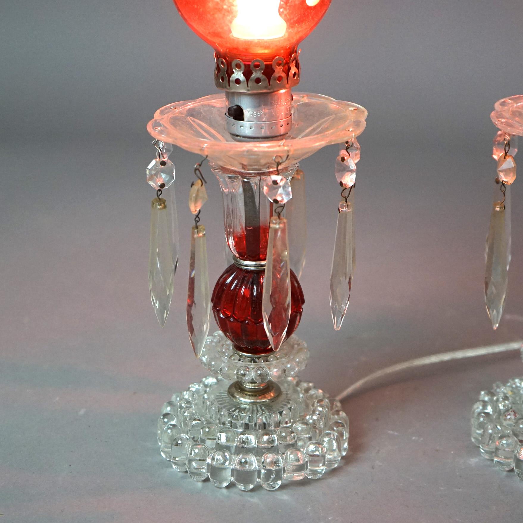 Antique Pair of Cranberry & Clear Glass Buffet Lamps with Prisms Circa 1940 1