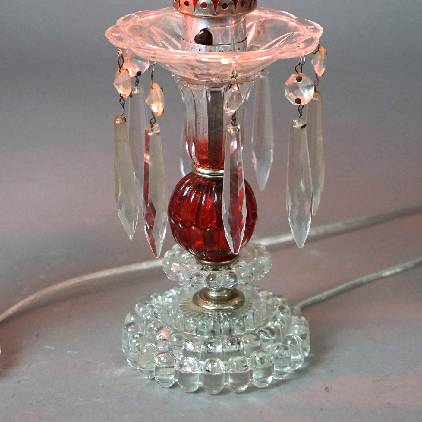 Antique Pair of Cranberry & Clear Glass Buffet Lamps with Prisms Circa 1940 2