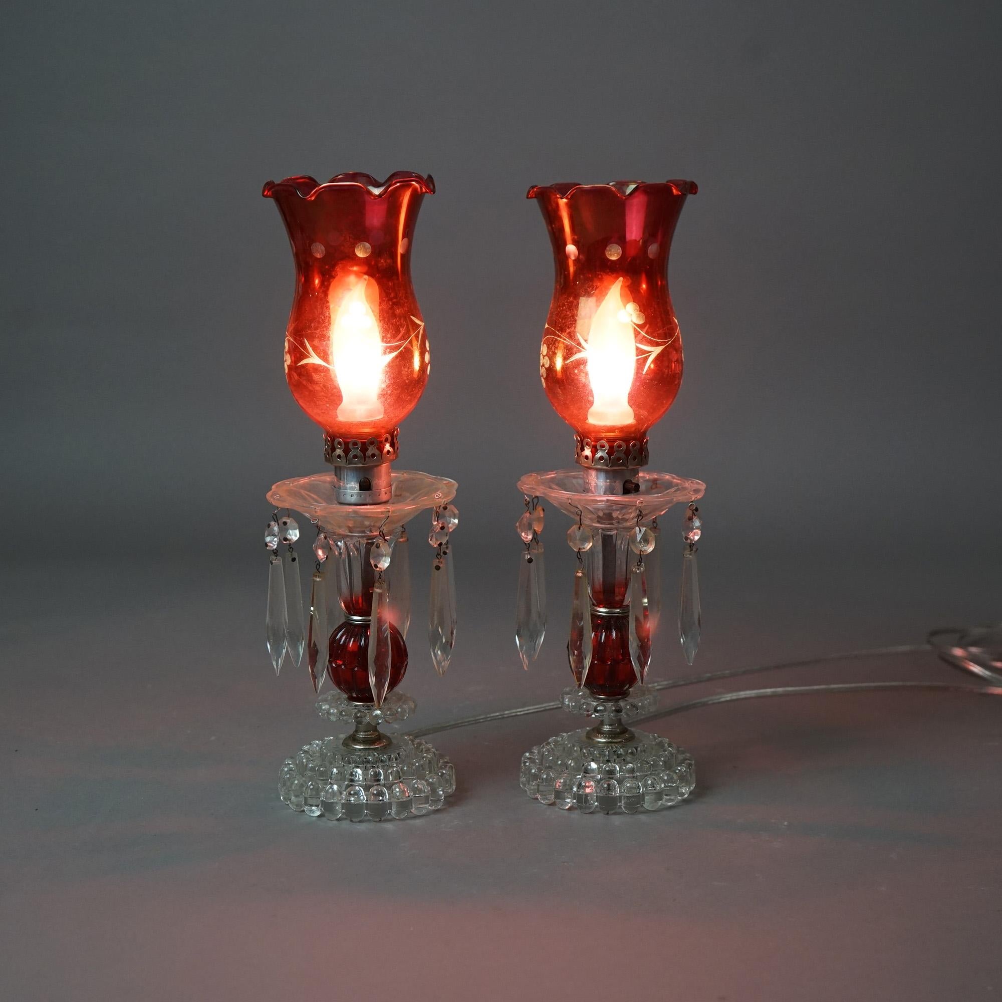 Antique Pair of Cranberry & Clear Glass Buffet Lamps with Prisms Circa 1940 3