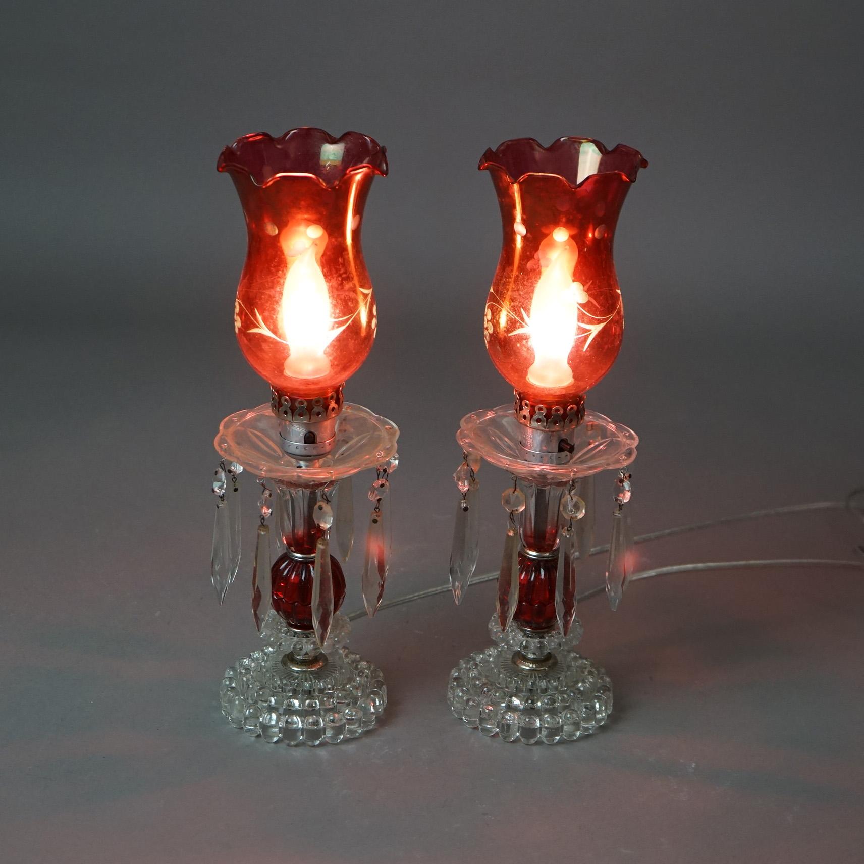 Antique Pair of Cranberry & Clear Glass Buffet Lamps with Prisms Circa 1940 4