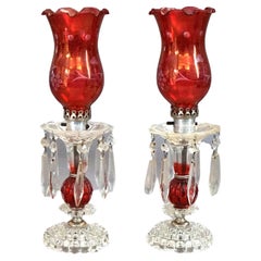 Antique Pair of Cranberry & Clear Glass Buffet Lamps with Prisms Circa 1940