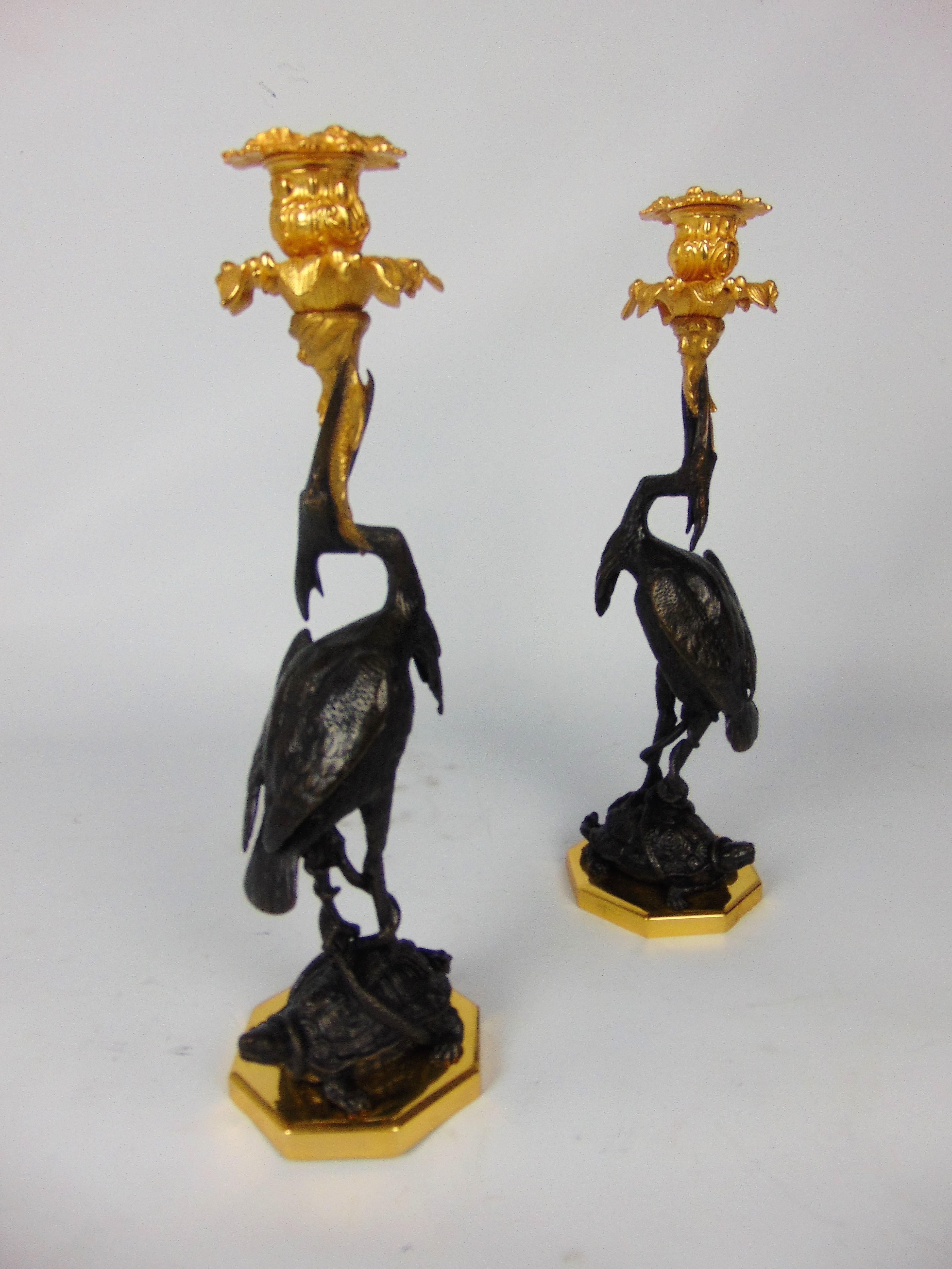 Chinese Export Antique Pair of Crane Bronze Candlesticks with Carp Mounted on Turtles