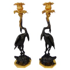 Antique Pair of Crane Bronze Candlesticks with Carp Mounted on Turtles