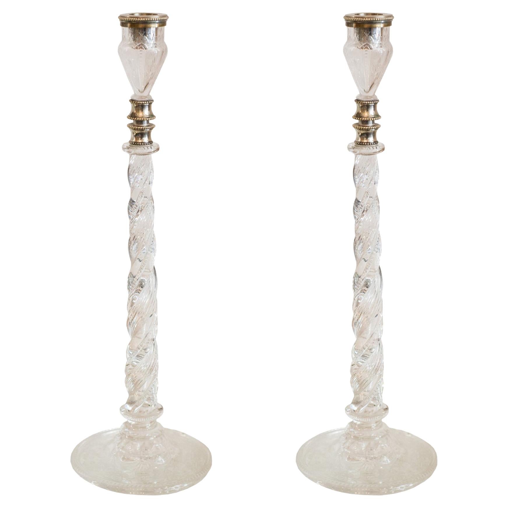 Antique Pair of Crystal and Silver Candlesticks