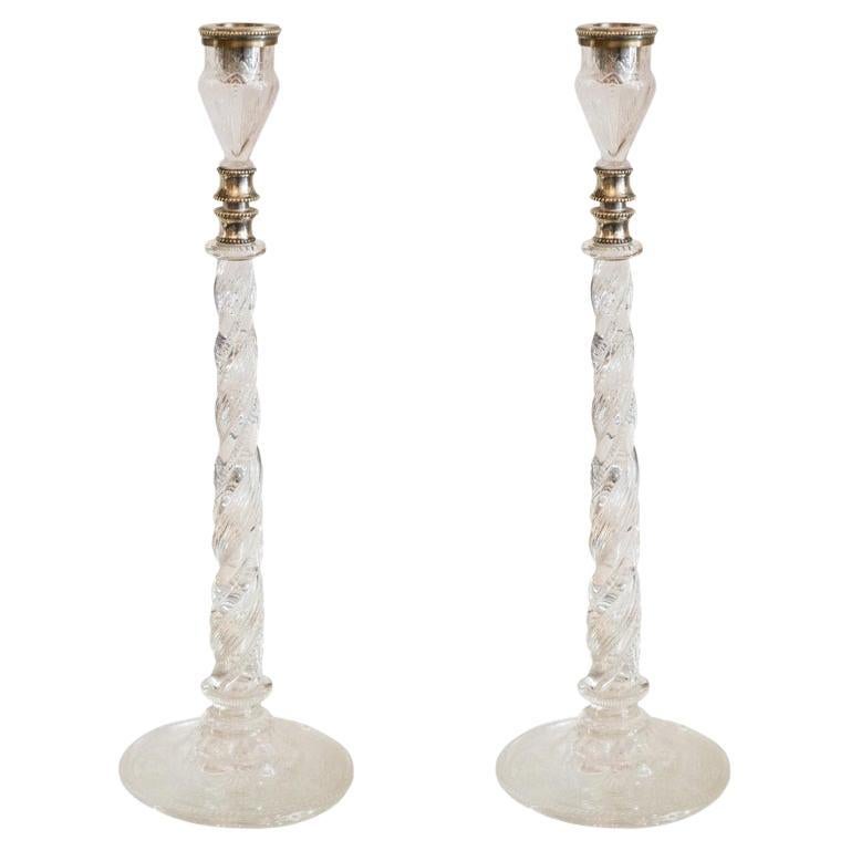 Antique Pair of Crystal and Silver Candlesticks For Sale