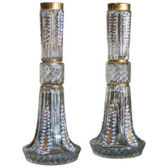Antique Pair of Cut Crystal and Multicolour Hand Painted Floral Vases