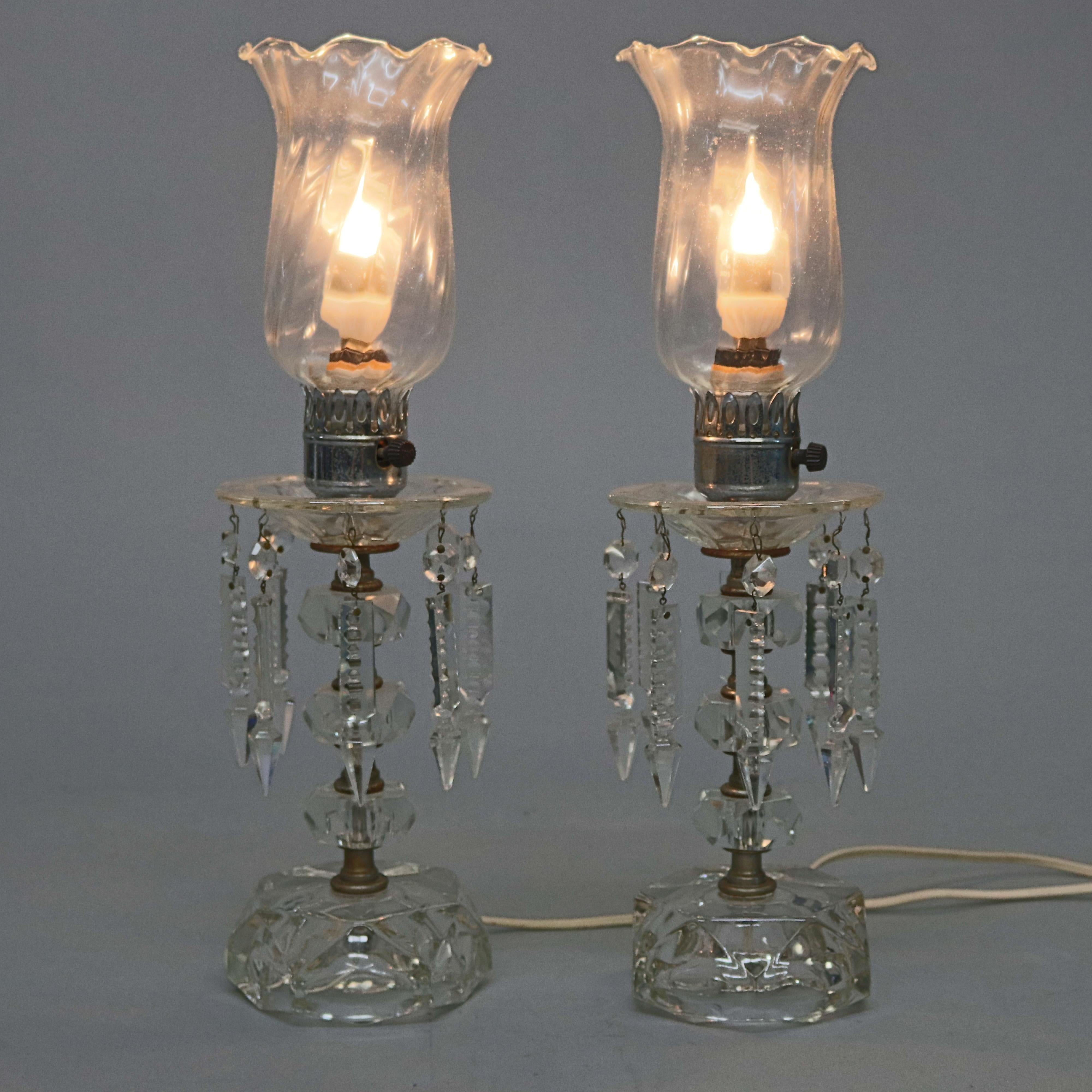 Victorian Antique Pair of Cut Crystal Candelabra Balustrade Table Lamps, circa 1930