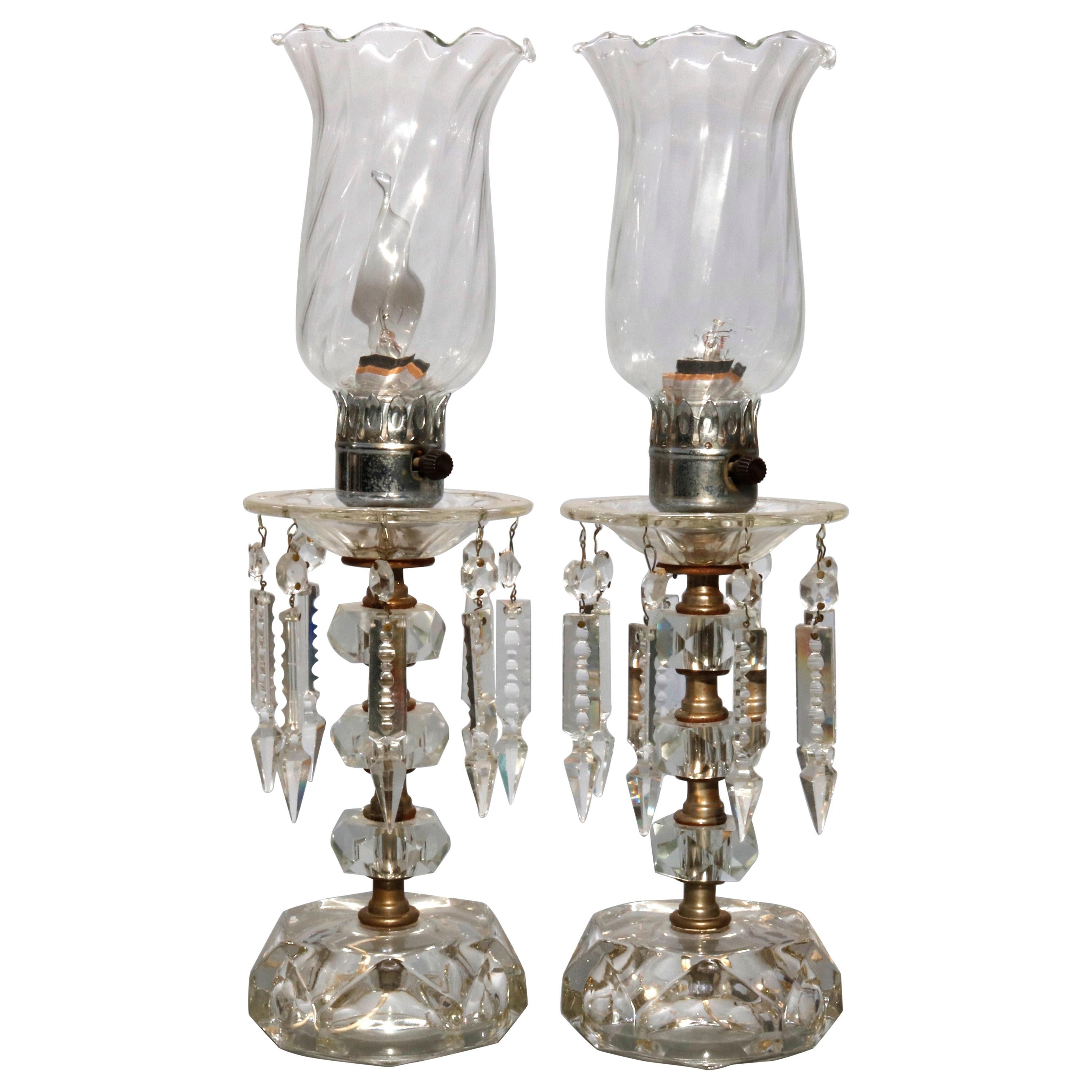 Antique Pair of Cut Crystal Candelabra Balustrade Table Lamps, circa 1930
