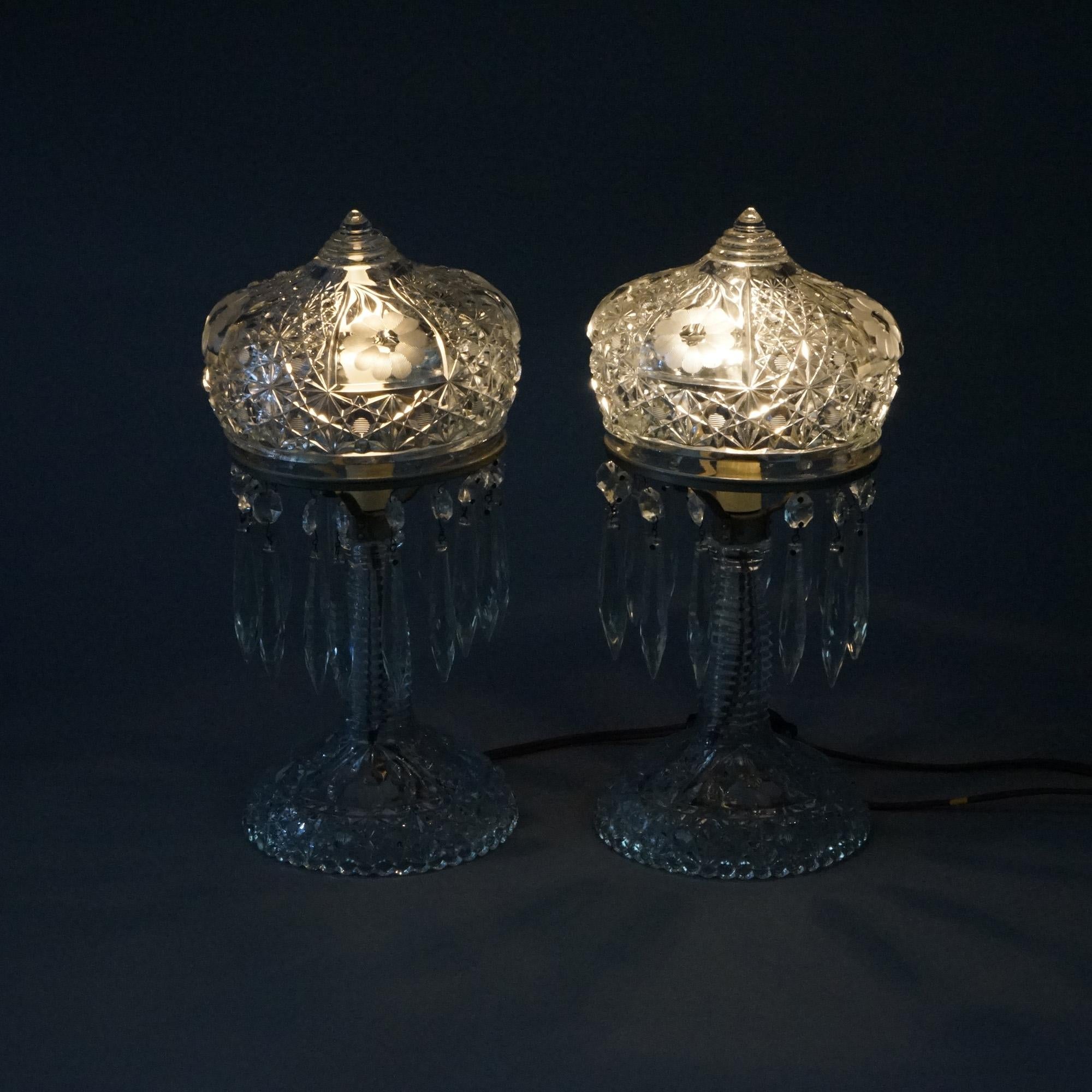 American Antique Pair of Cut Glass Table Lamps, Electrified, Circa 1930