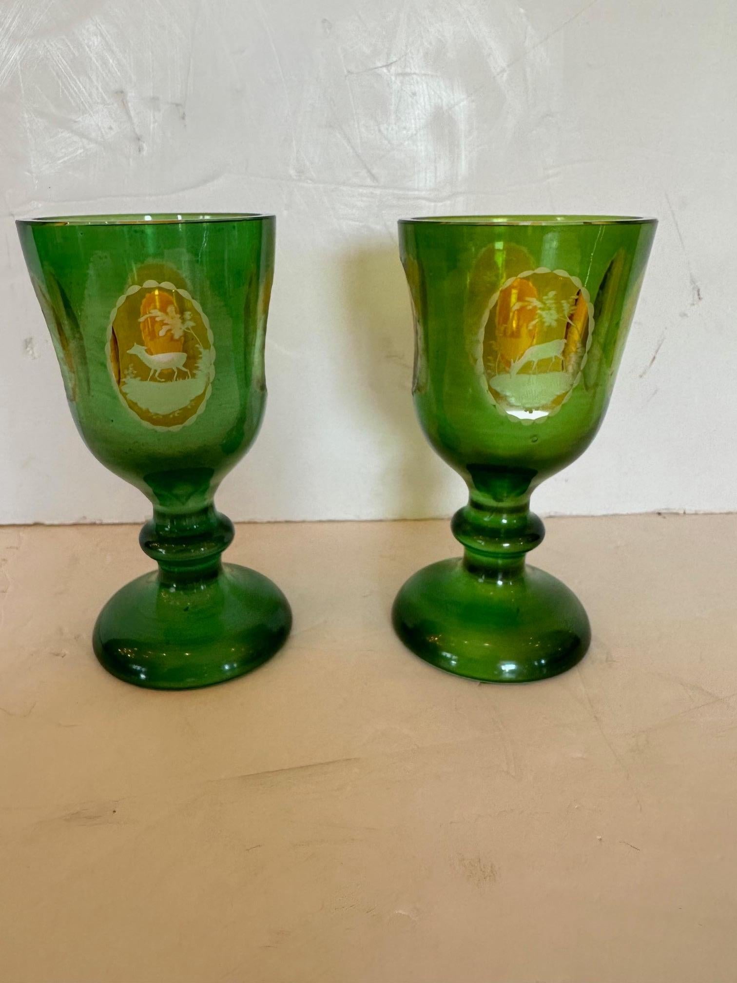 Antique Pair of Czech Bohemain Overlay Glass Goblets For Sale 6