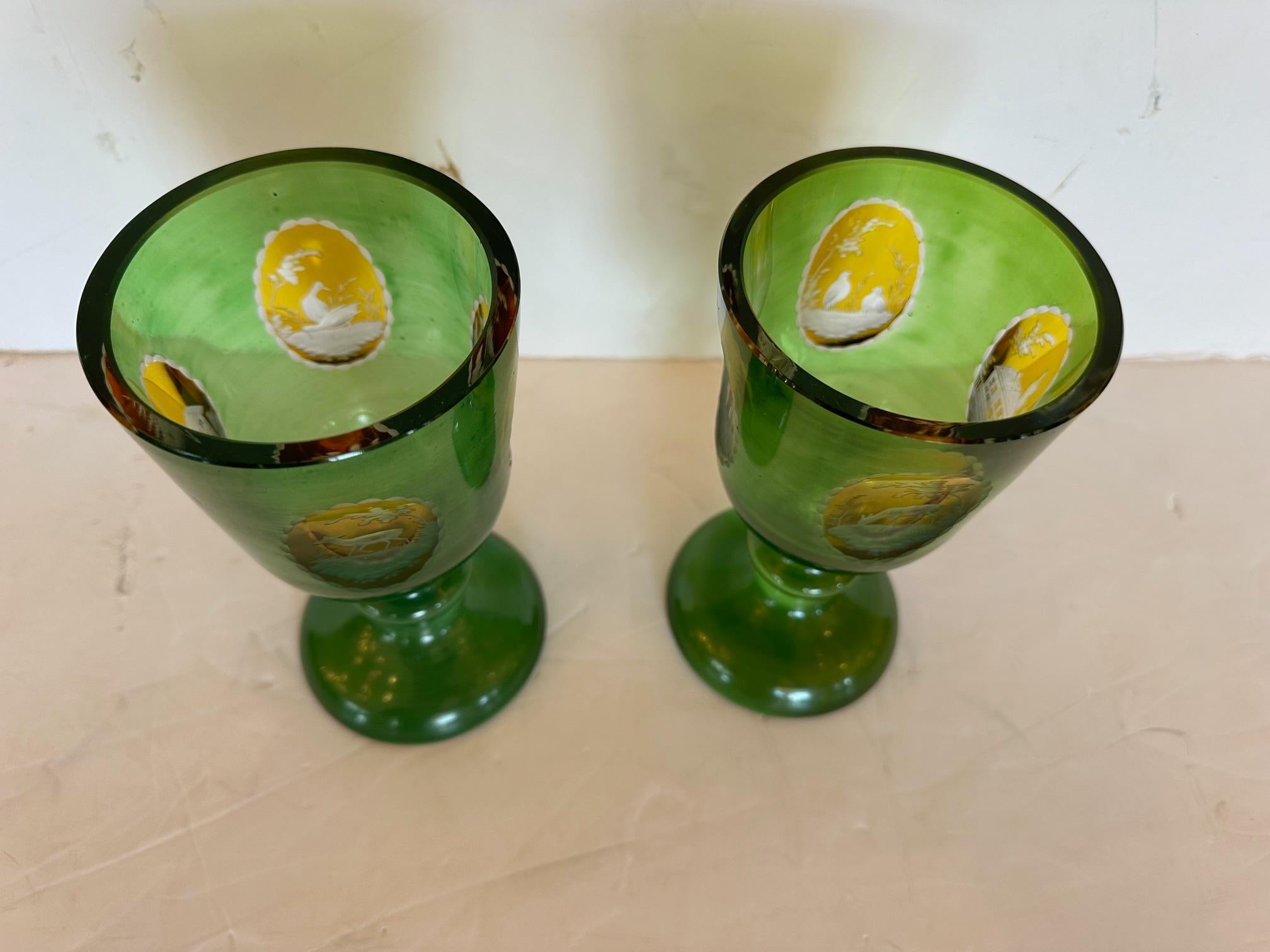 Antique Pair of Czech Bohemain Overlay Glass Goblets For Sale 7