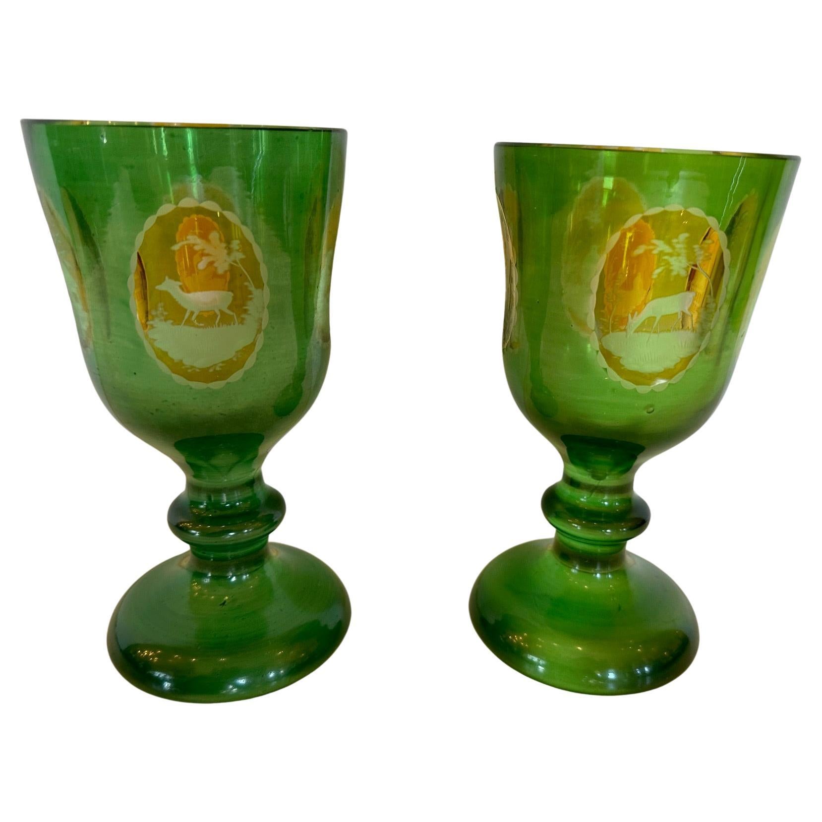 Antique Pair of Czech Bohemain Overlay Glass Goblets For Sale