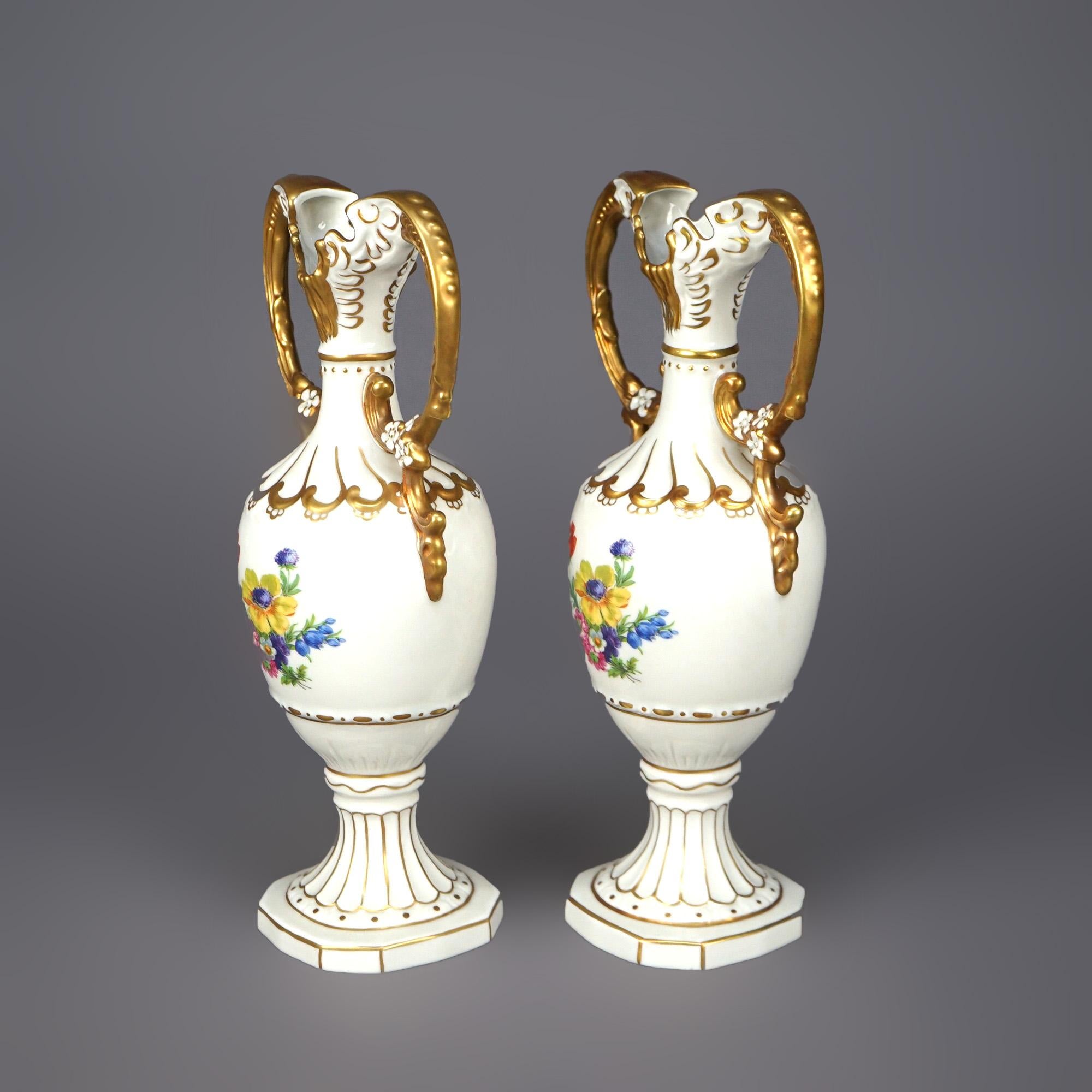 Antique Pair of Czech Hand Painted & Gilt Porcelain Floral Urns, C1940 In Good Condition In Big Flats, NY