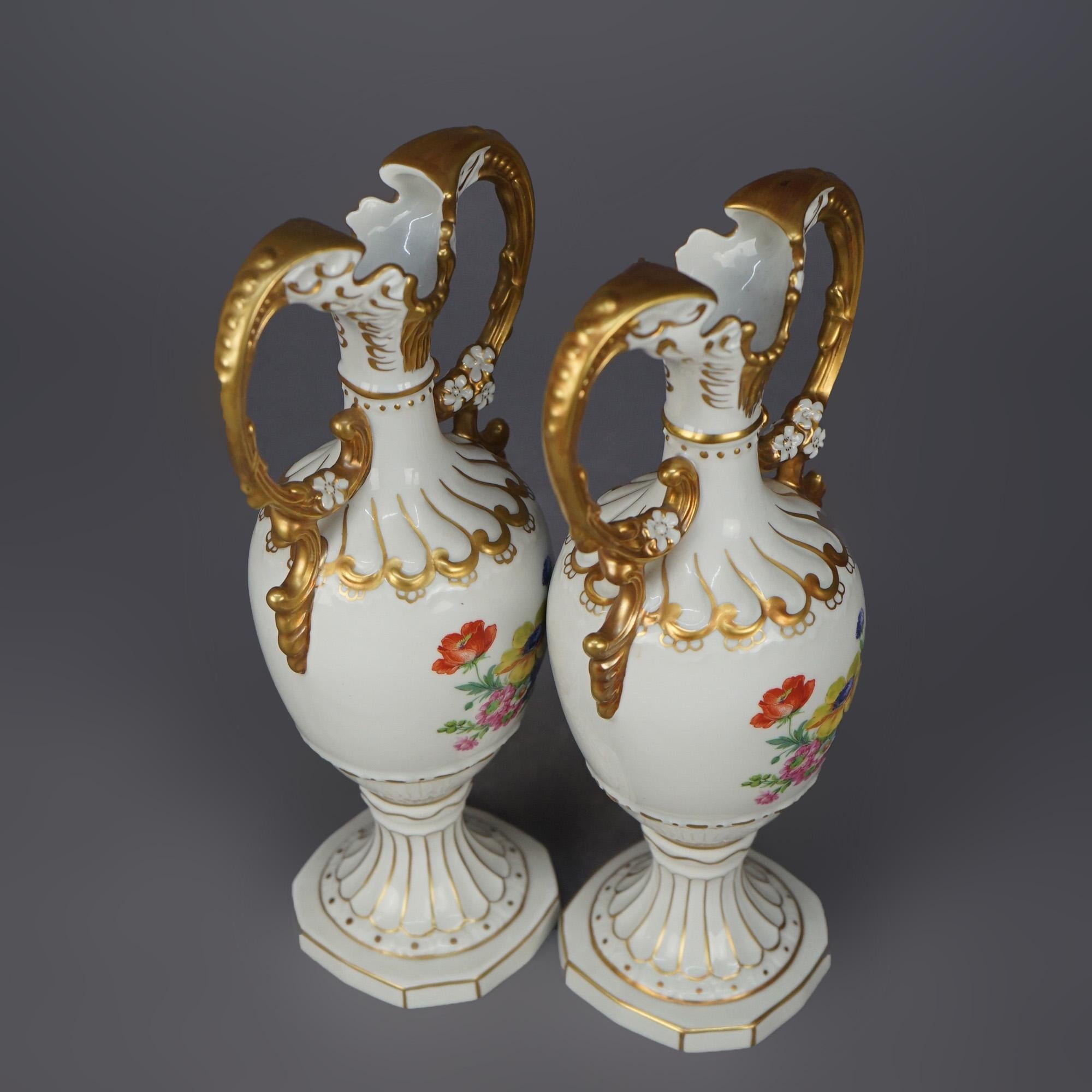 20th Century Antique Pair of Czech Hand Painted & Gilt Porcelain Floral Urns, C1940