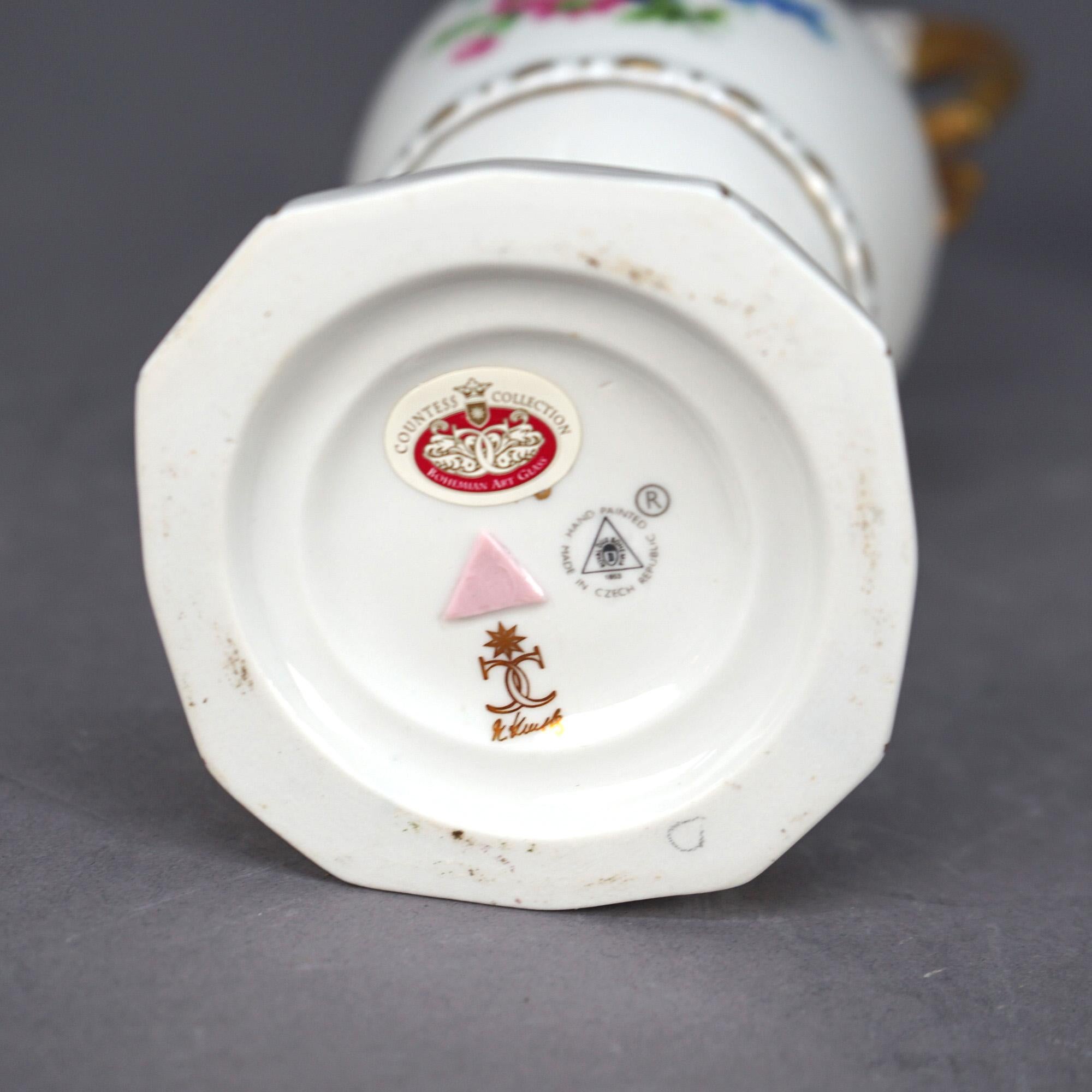 Antique Pair of Czech Hand Painted & Gilt Porcelain Floral Urns, C1940 2