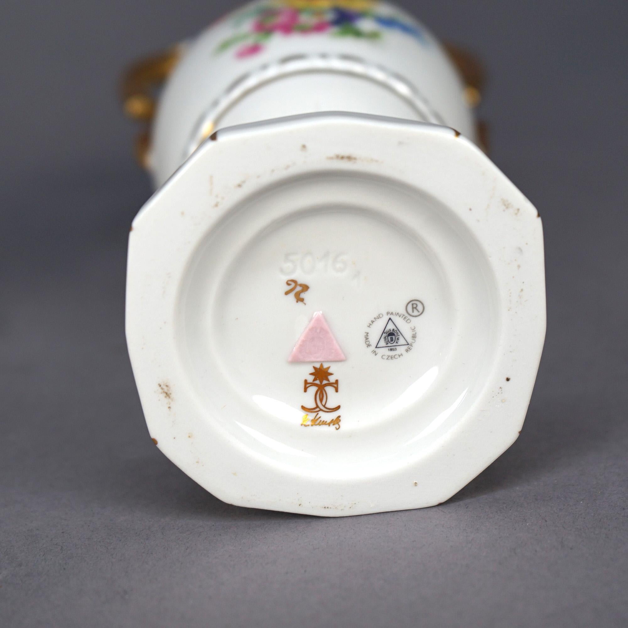 Antique Pair of Czech Hand Painted & Gilt Porcelain Floral Urns, C1940 3