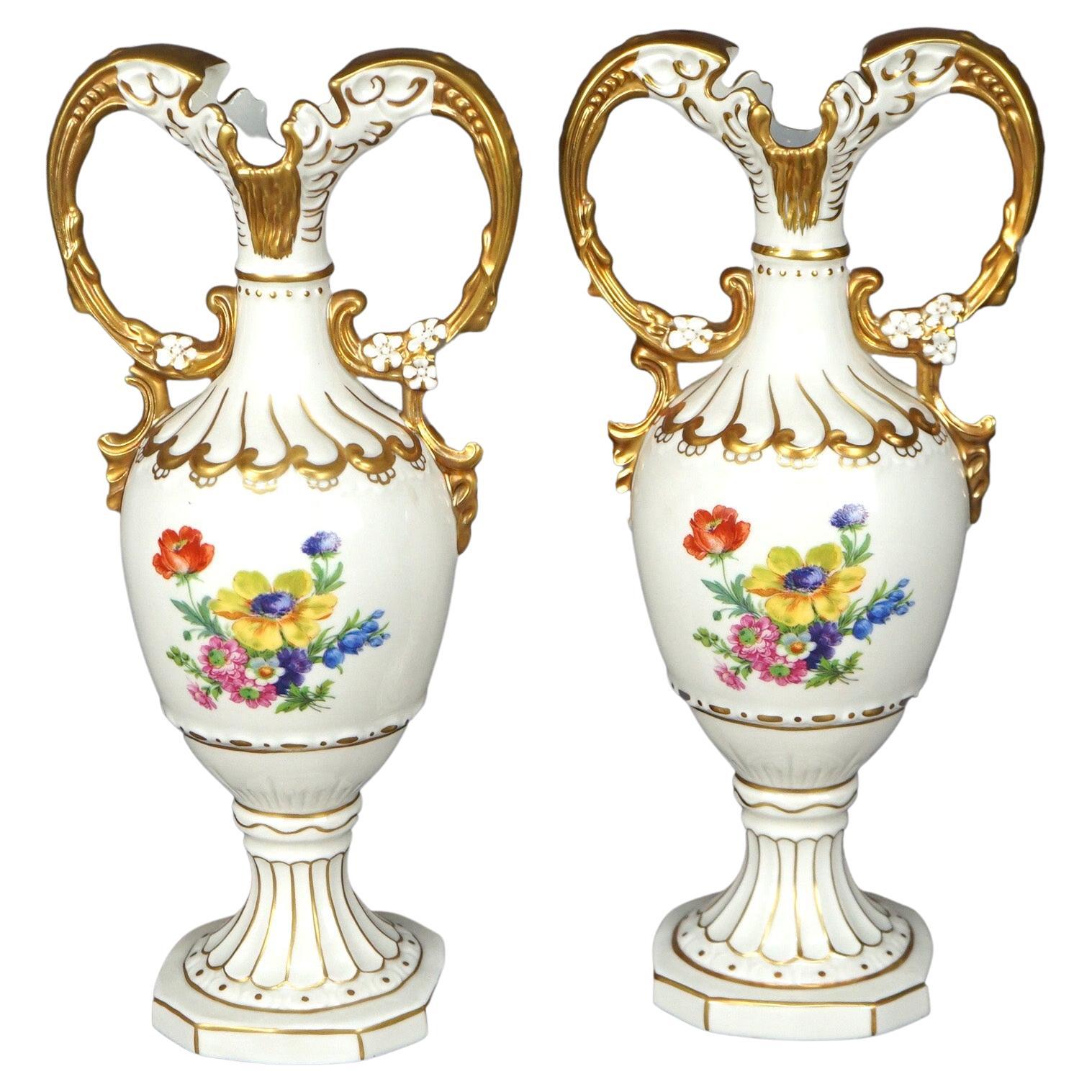Antique Pair of Czech Hand Painted & Gilt Porcelain Floral Urns, C1940