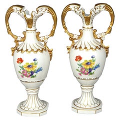 Antique Pair of Czech Hand Painted & Gilt Porcelain Floral Urns, C1940