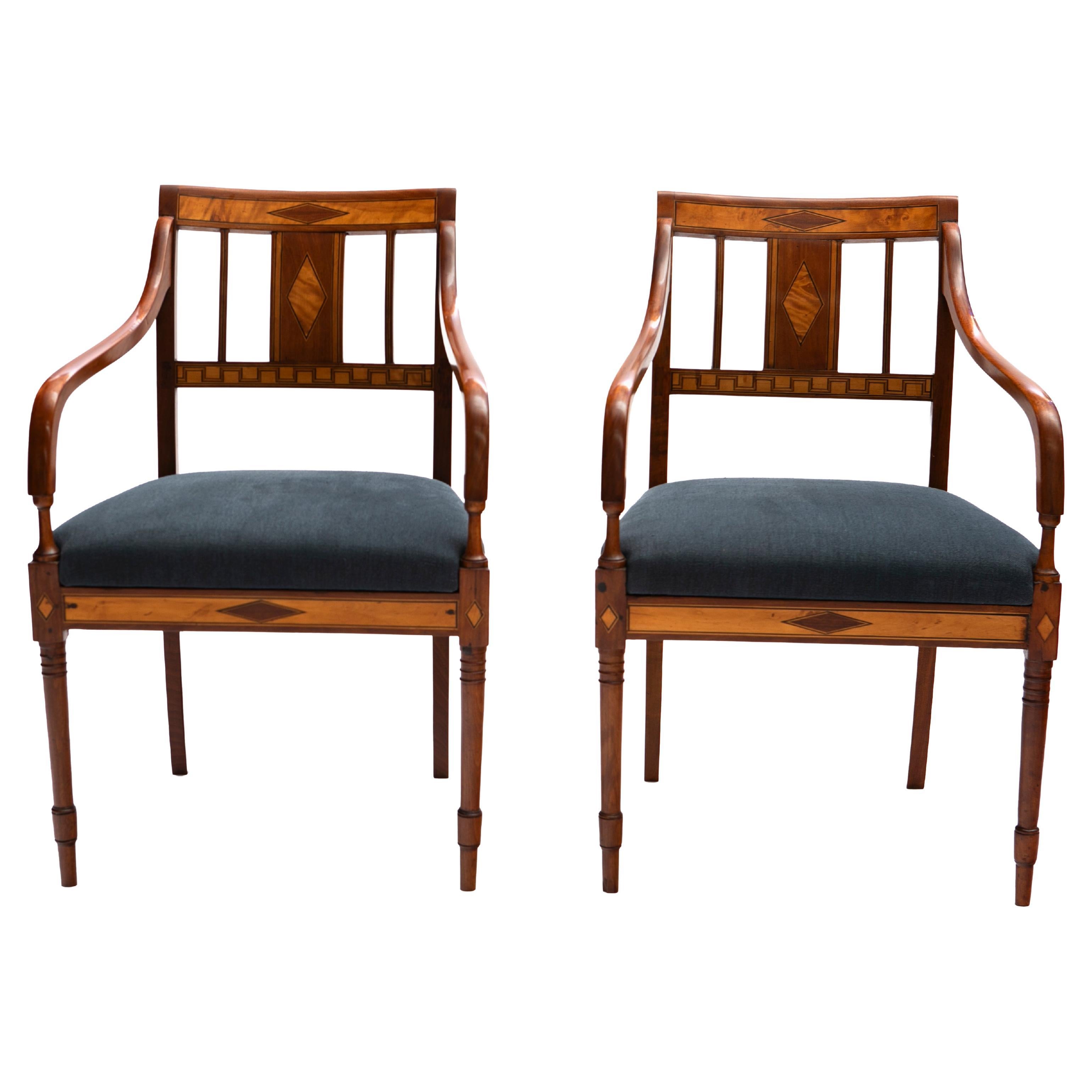 Pair of Danish Empire Mahogany With Inlay Arm Chairs