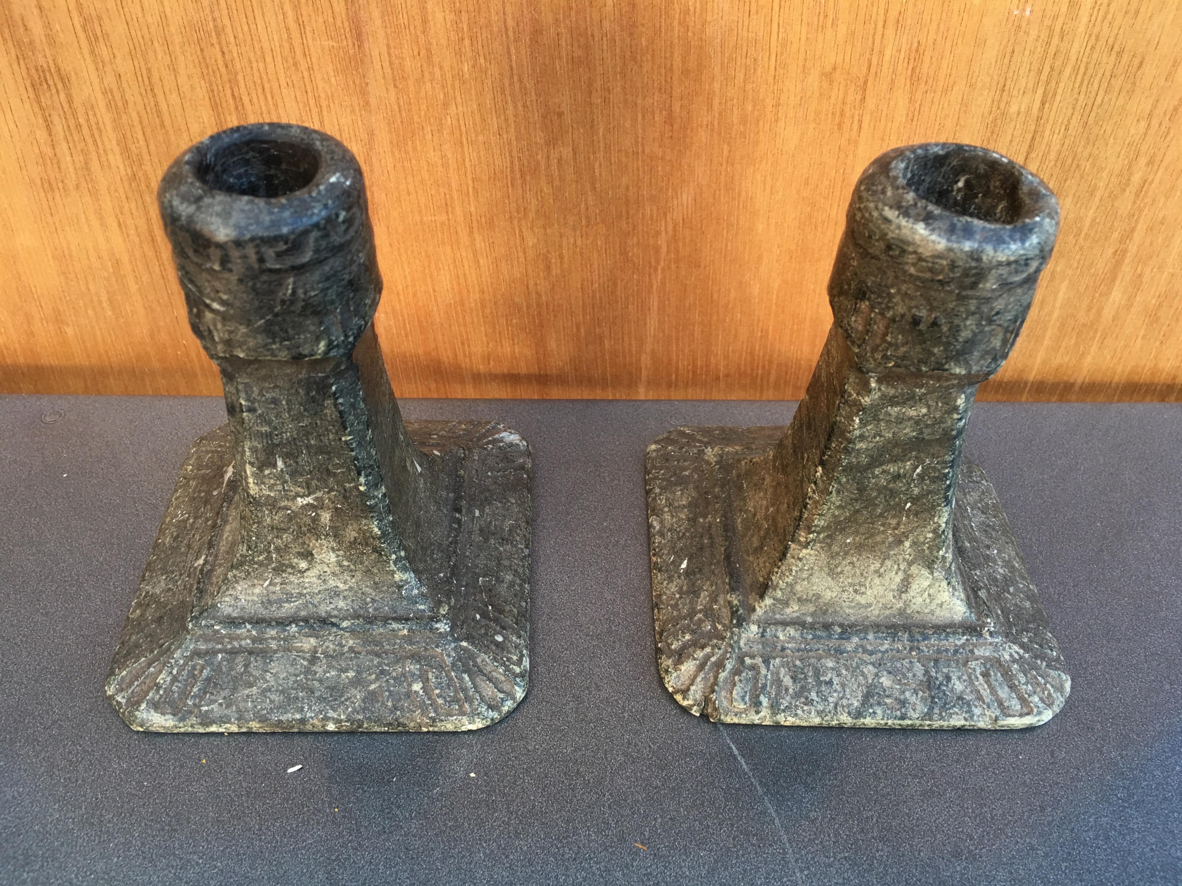 Very classic antique period Empire hand-made candlesticks carved from soapstone. These candlesticks certainly would enhance any living room or dining room, sideboard or end table. 