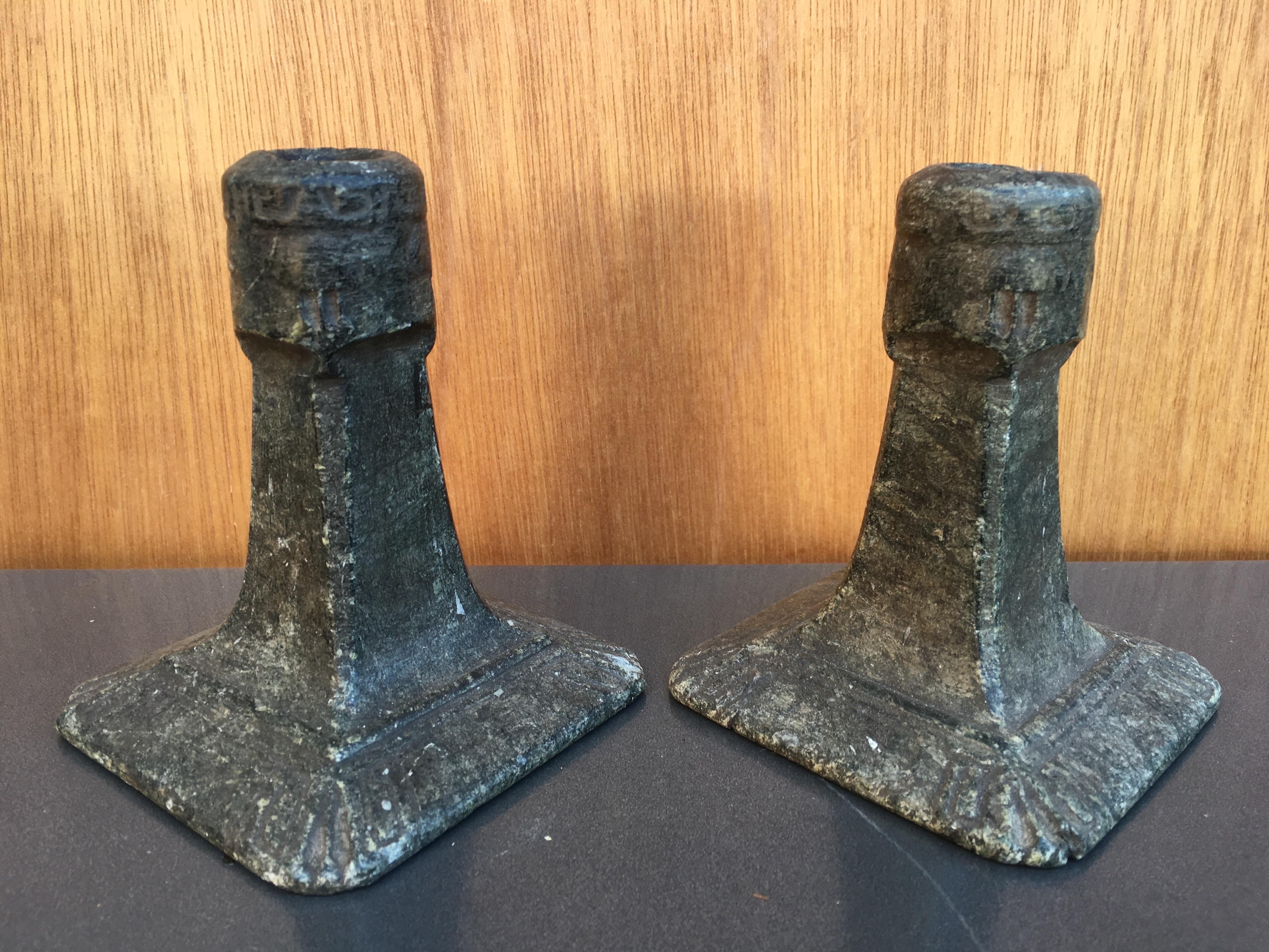Empire Antique Pair of Danish Soap Stone Square Base Candlesticks For Sale