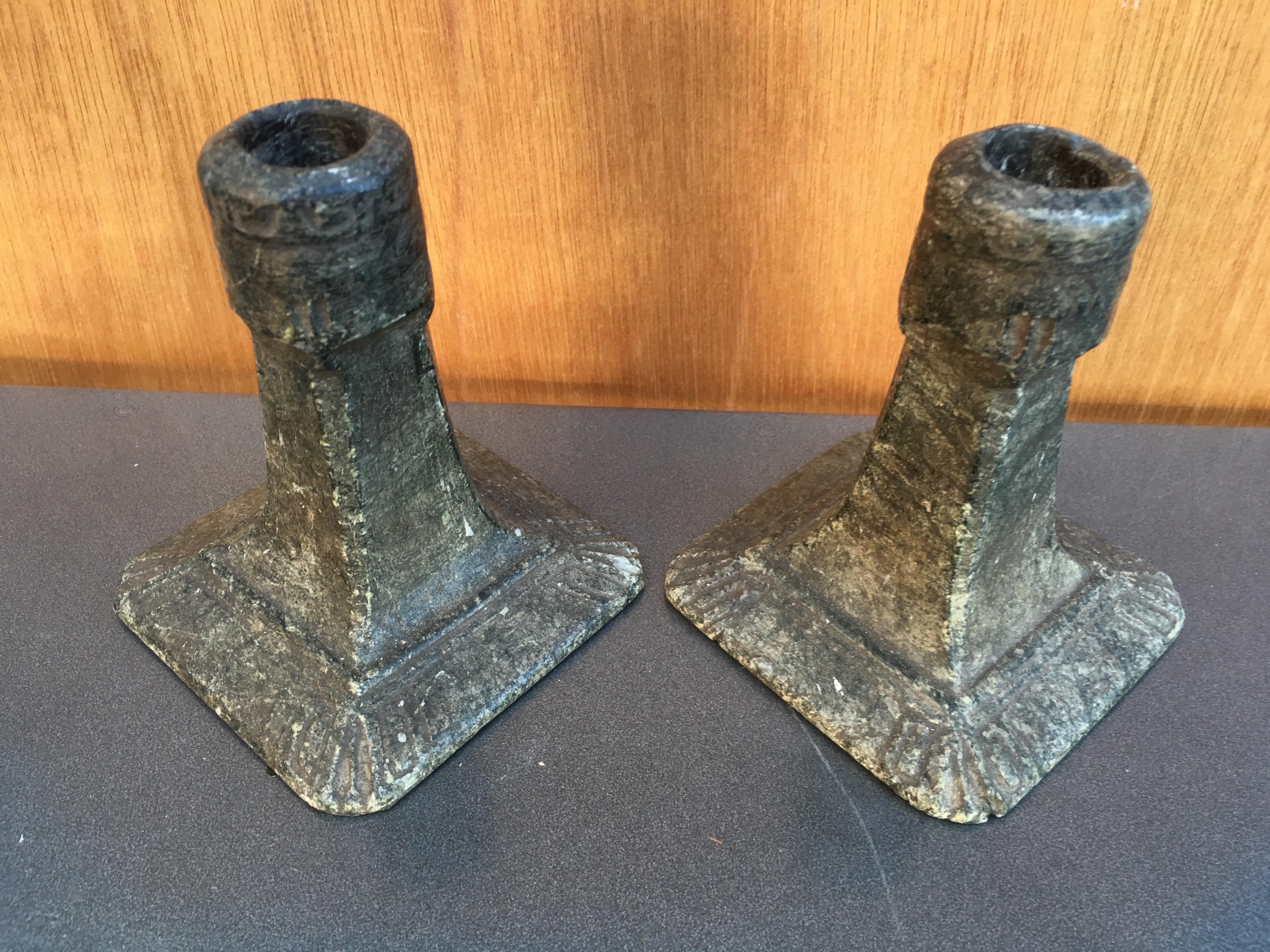 Hand-Crafted Antique Pair of Danish Soap Stone Square Base Candlesticks For Sale