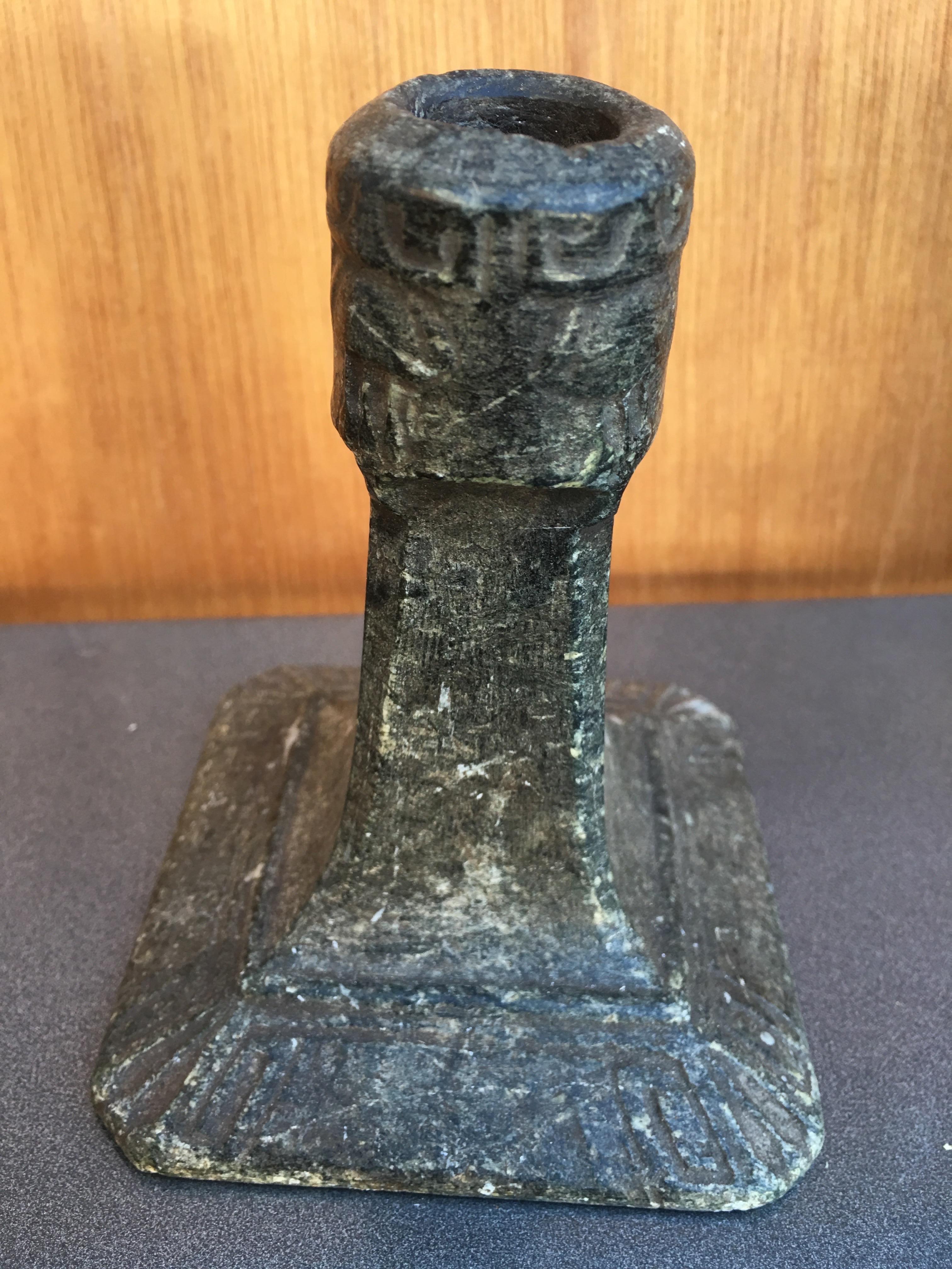 Antique Pair of Danish Soap Stone Square Base Candlesticks In Good Condition For Sale In Haddonfield, NJ
