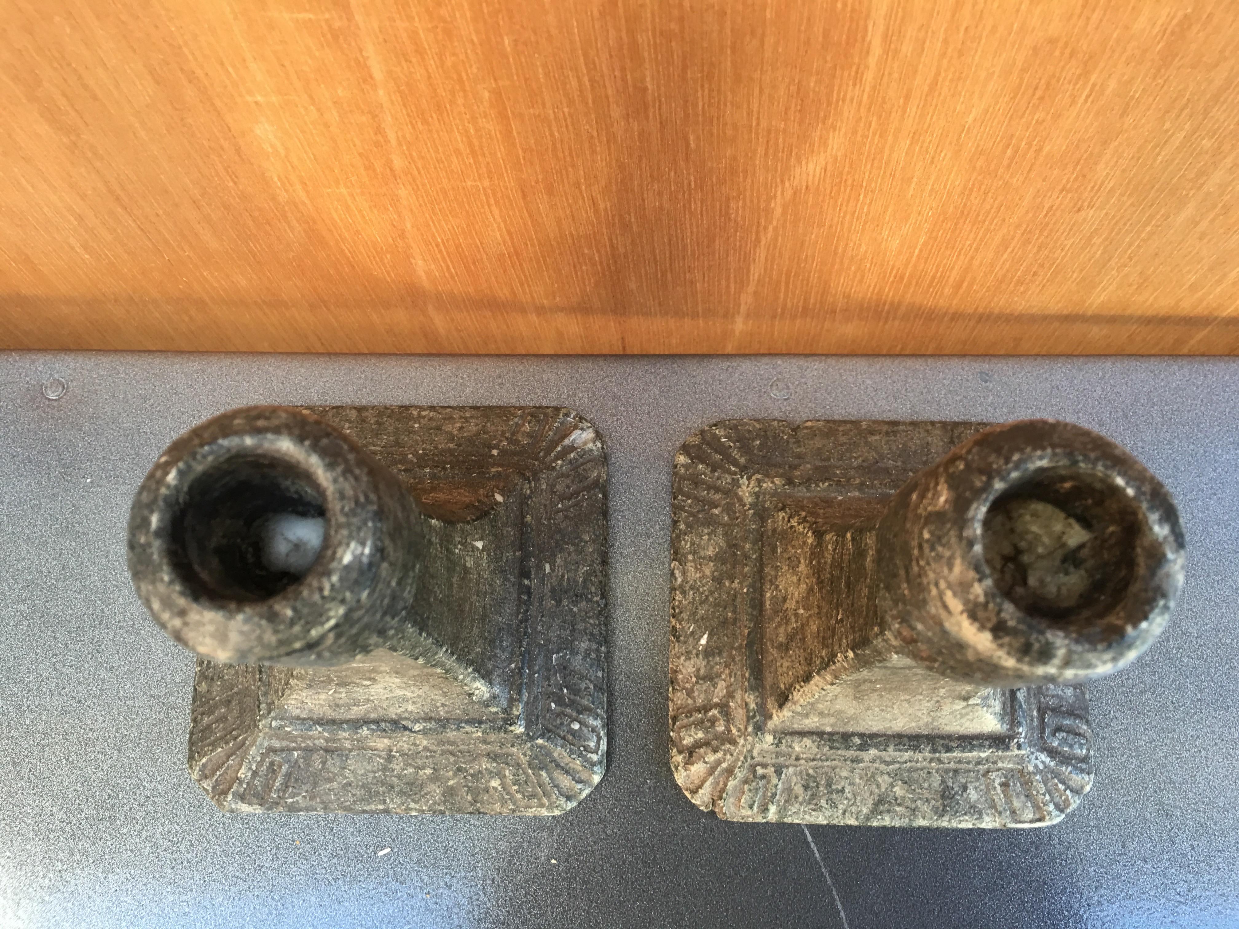 Soapstone Antique Pair of Danish Soap Stone Square Base Candlesticks For Sale