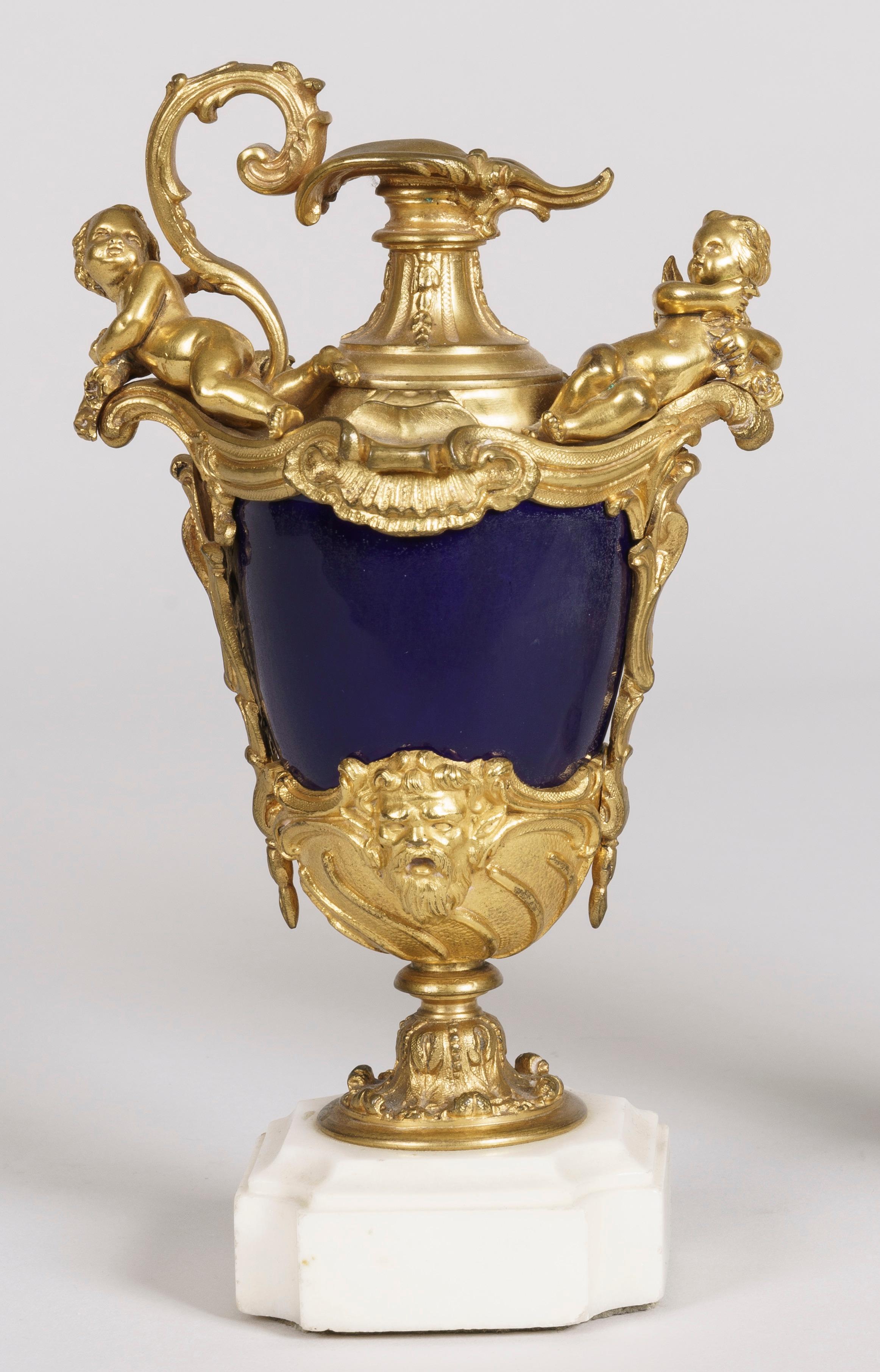 Louis XVI Antique Pair of Decorative Vases in Royal Blue Porcelain and Gilt For Sale