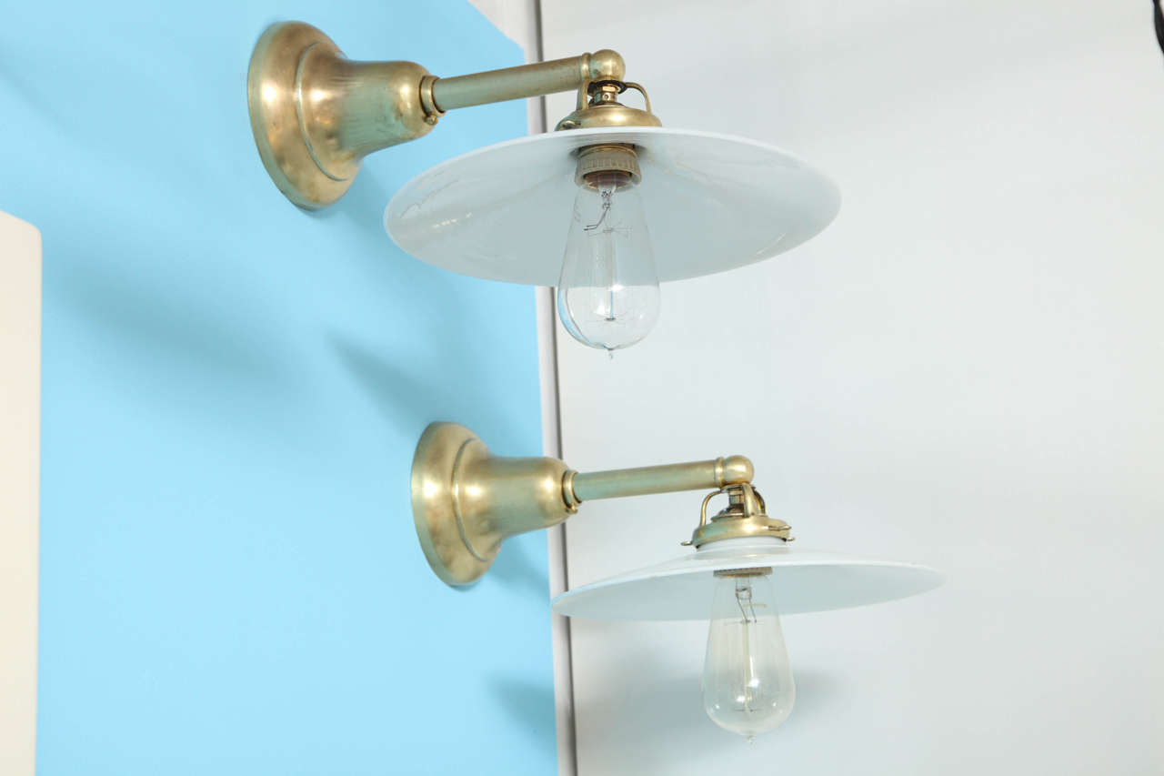 Antique Pair of Deep Brass Wall Sconces with Milk Glass Shades 2