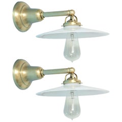 Antique Pair of Deep Brass Wall Sconces with Milk Glass Shades