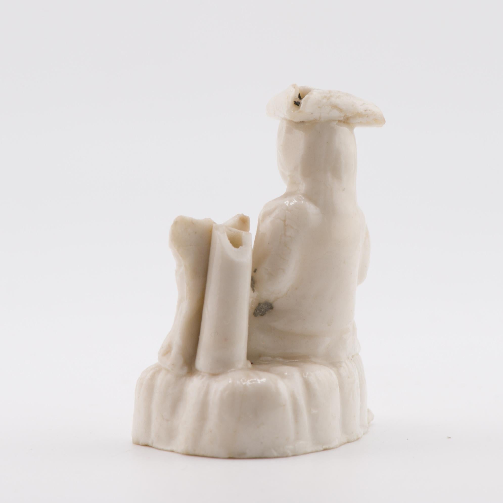 Figura europea in posizione seduta in porcellana Shunzhi o Kangxi Blanc de Chine. È anche un fischietto.

Blanc de Chine Statue come queste venivano realizzate nelle fornaci di Dehua, nella provincia del Fujian.

Questi sono esempi rari! Nelle foto