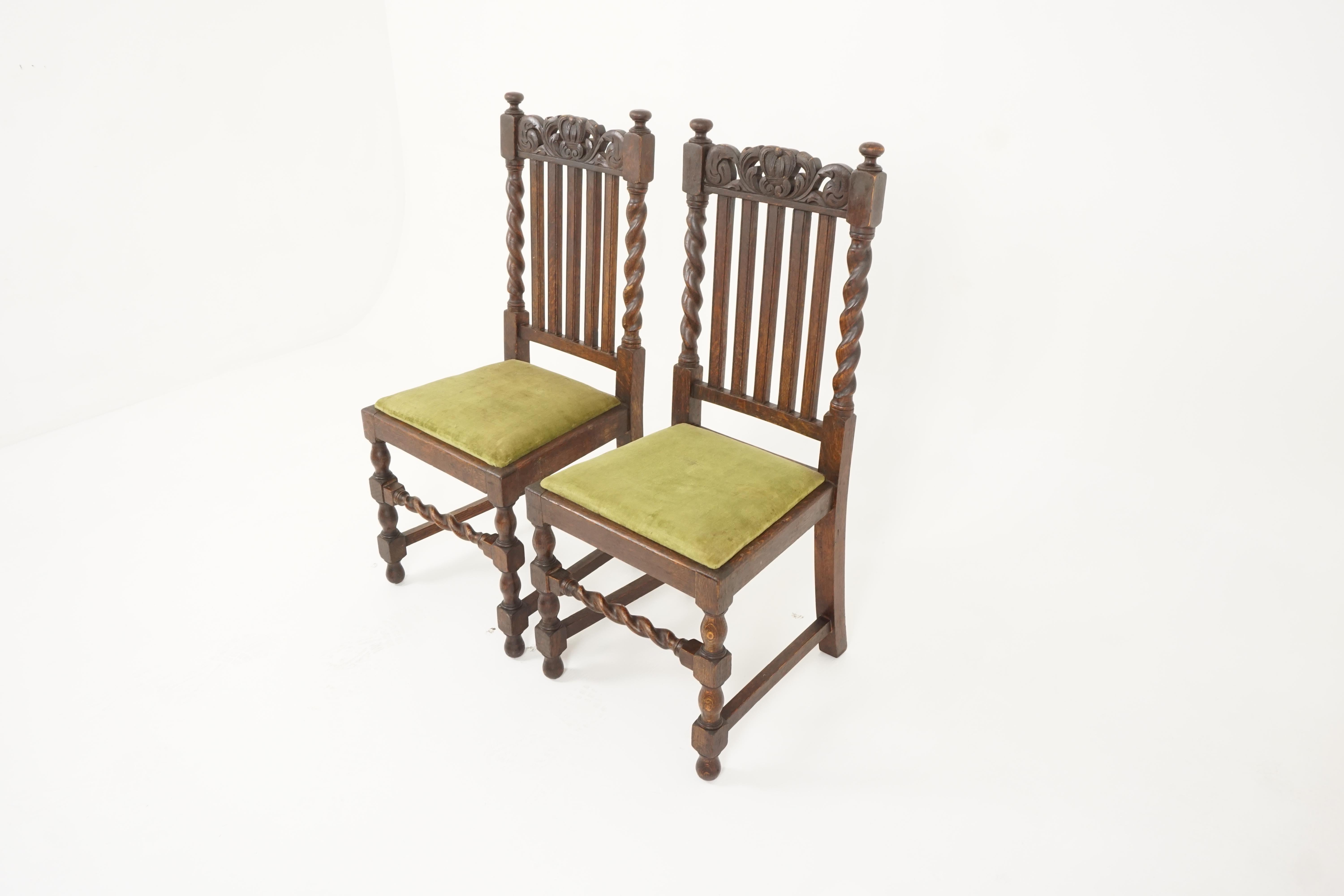 Antique pair of chairs, Edwardian dining chairs, oak barley twist, Scotland 1910, B2697

Scotland 1910
Solid oak
Original finish
Decorative carved top rail
Barley twist supports with finials on top
Slatted back design
Upholstered drop in