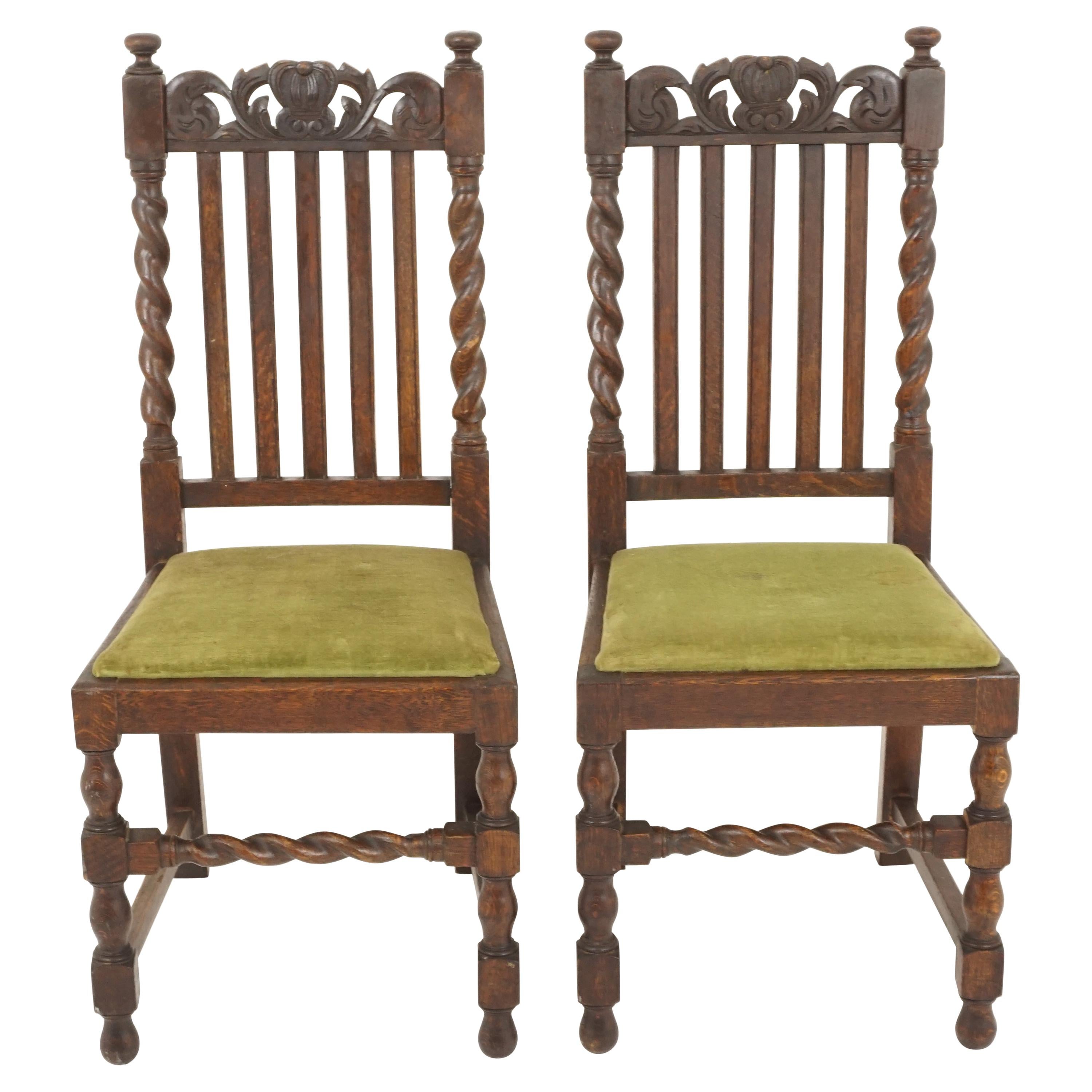 Antique Pair of Dining Chairs, Edwardian, Oak Barley Twist, Scotland 1910, B2697