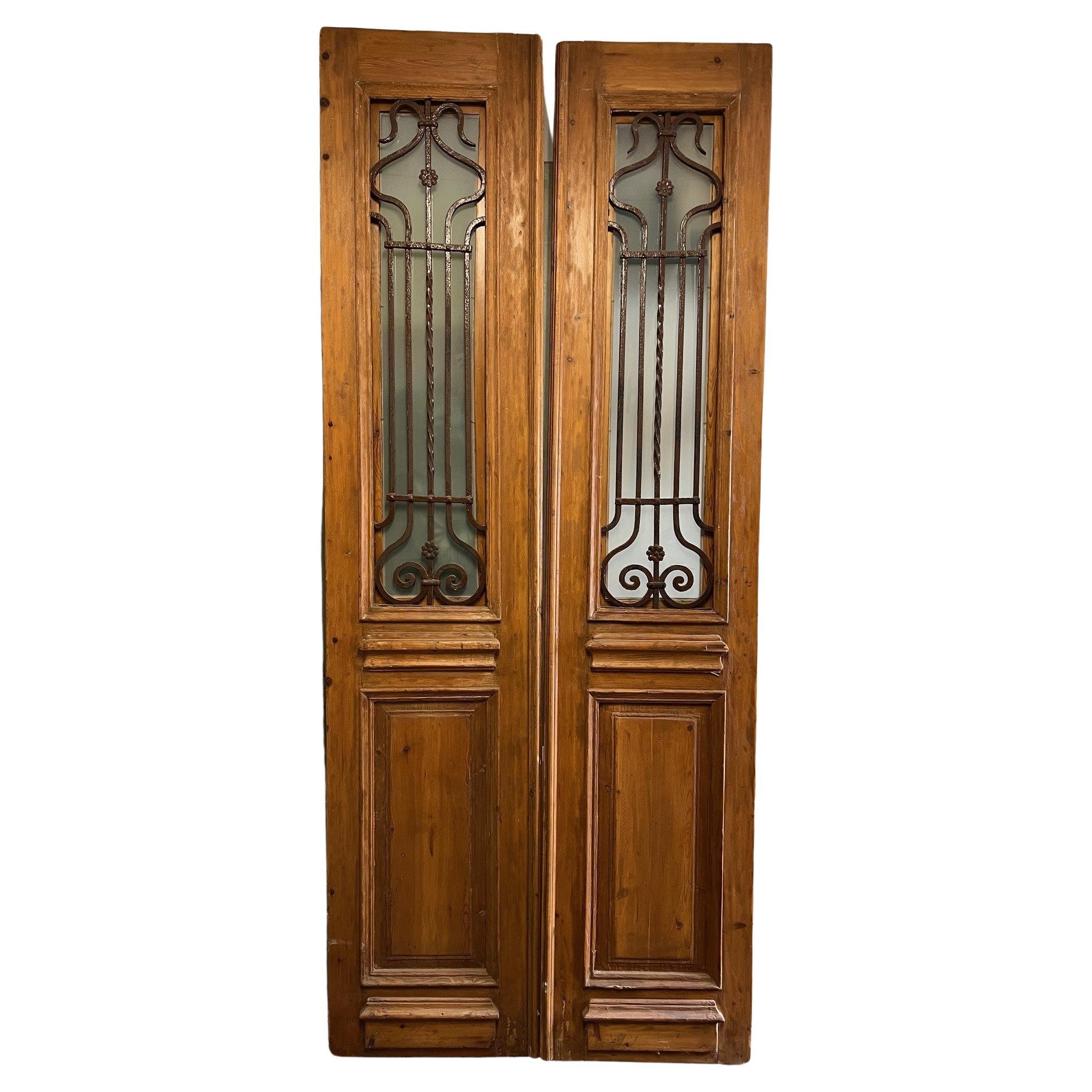 Antique Pair of Doors with Decorative Iron Panels    For Sale